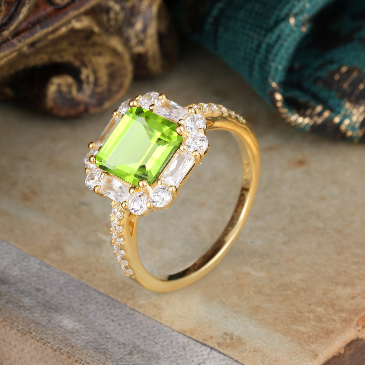 2.5CT Radiant Cut Peridot Cluster Engagement Ring