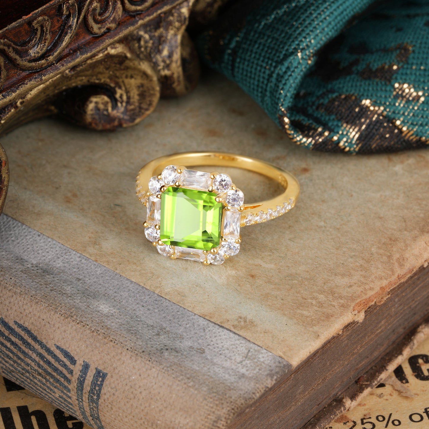 2.5CT Radiant Cut Peridot Cluster Engagement Ring