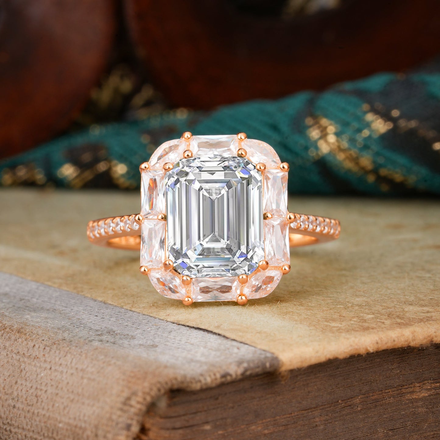 4CT Emerald Cut Lab Diamond Engagement Ring Pave Halo Bridal Ring