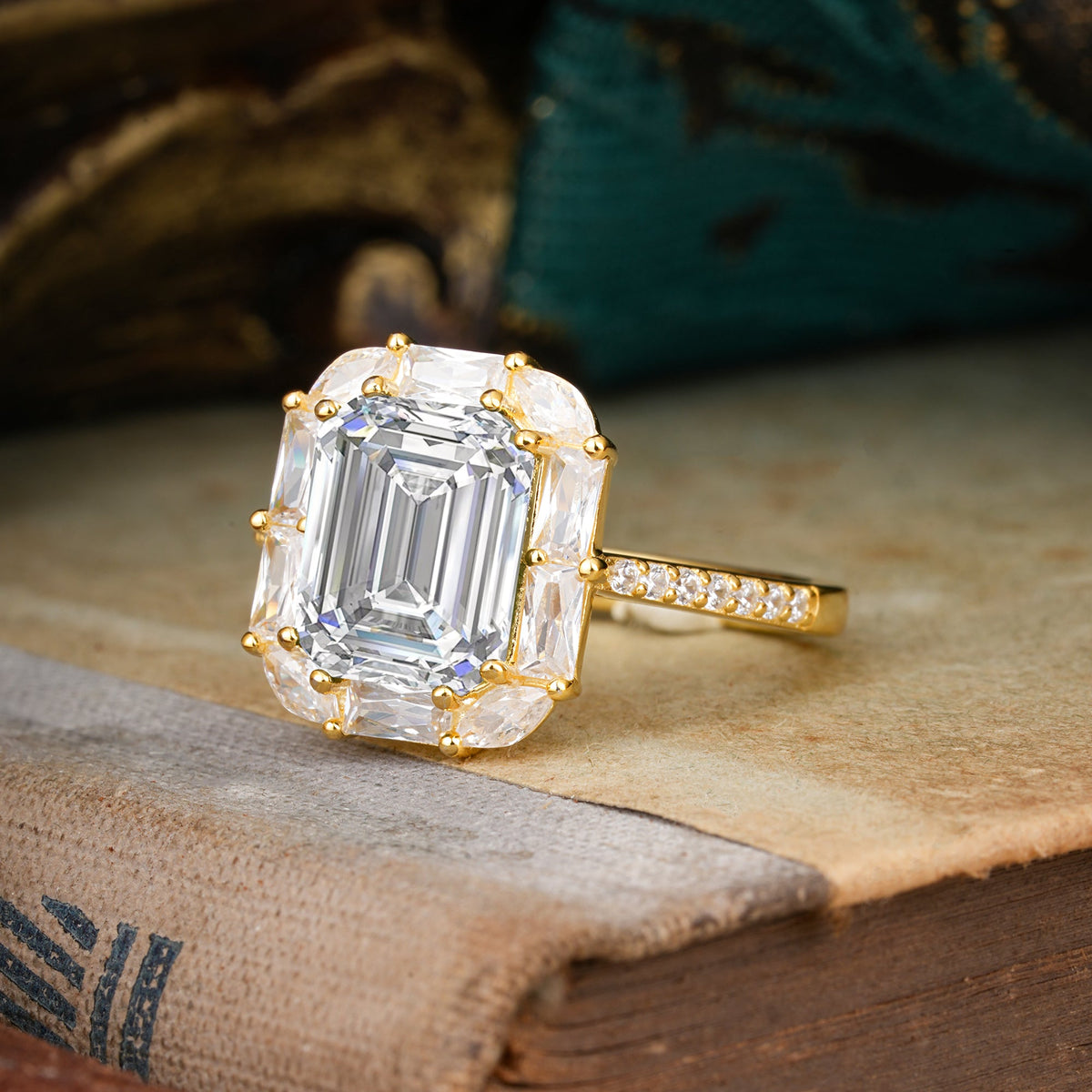 4CT Emerald Cut Lab Diamond Engagement Ring Pave Halo Bridal Ring