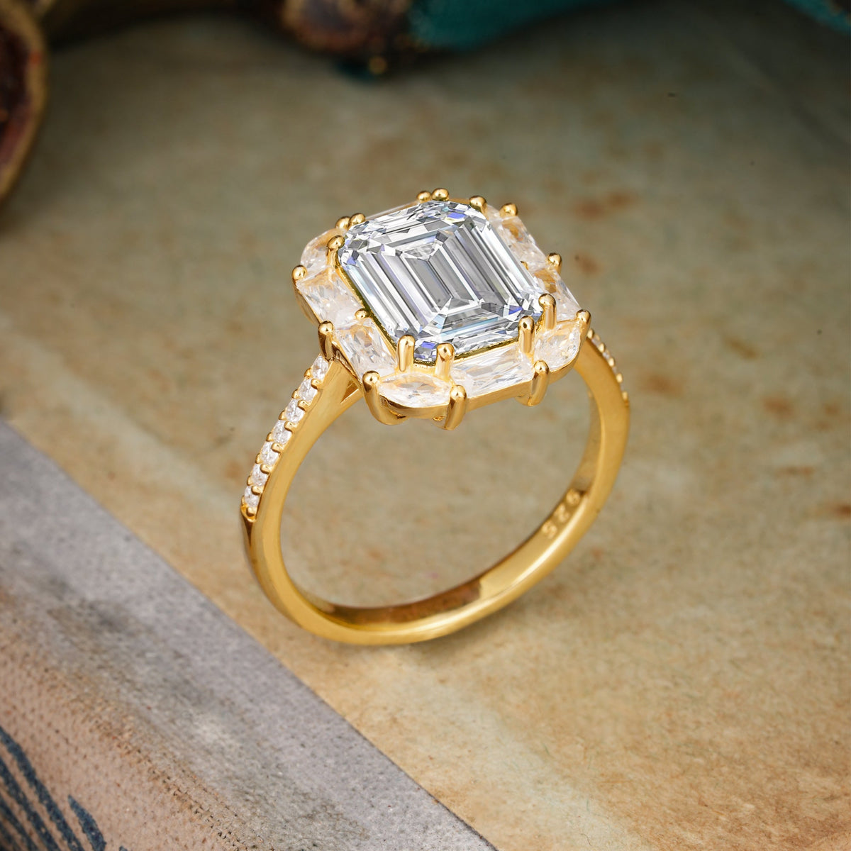 4CT Emerald Cut Lab Diamond Engagement Ring Pave Halo Bridal Ring