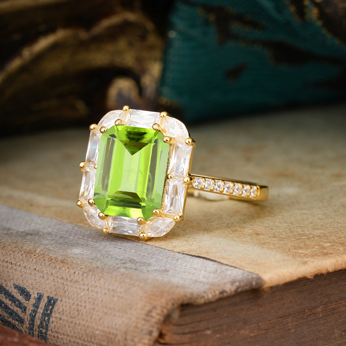4CT Emerald Cut Peridot Engagement Ring Pave Halo Bridal Ring