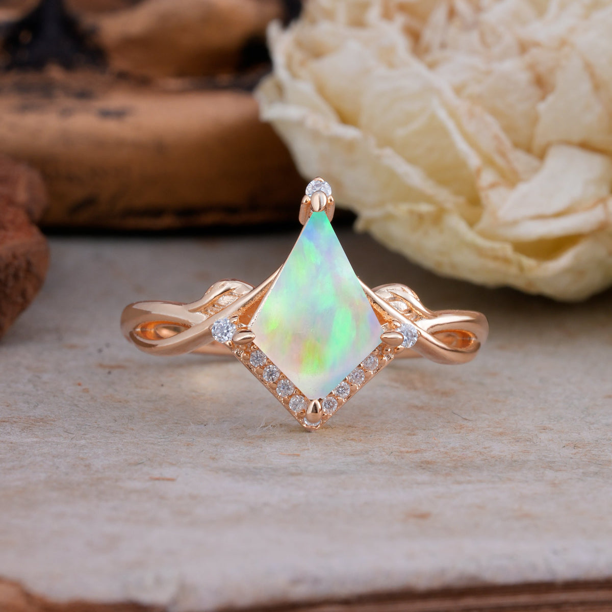 Unique Pear Cut Halo Fire Opal Engagement Ring Bezel Cluster Ring