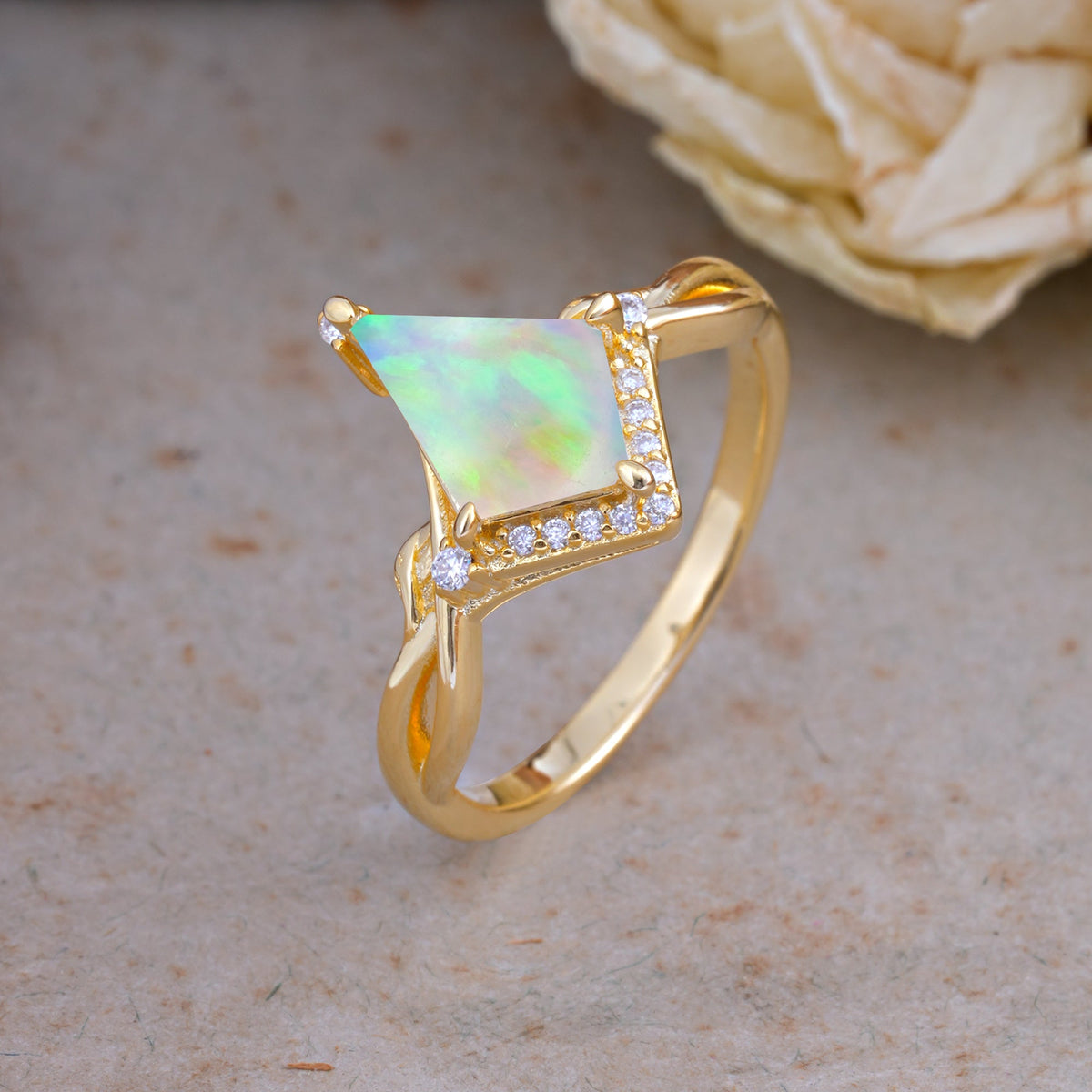 Unique Pear Cut Halo Fire Opal Engagement Ring Bezel Cluster Ring