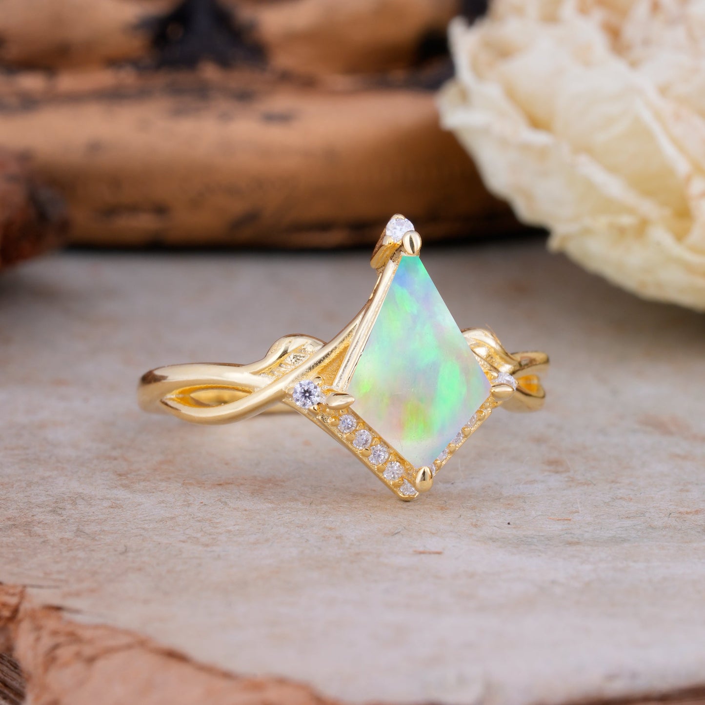 Unique Pear Cut Halo Fire Opal Engagement Ring Bezel Cluster Ring