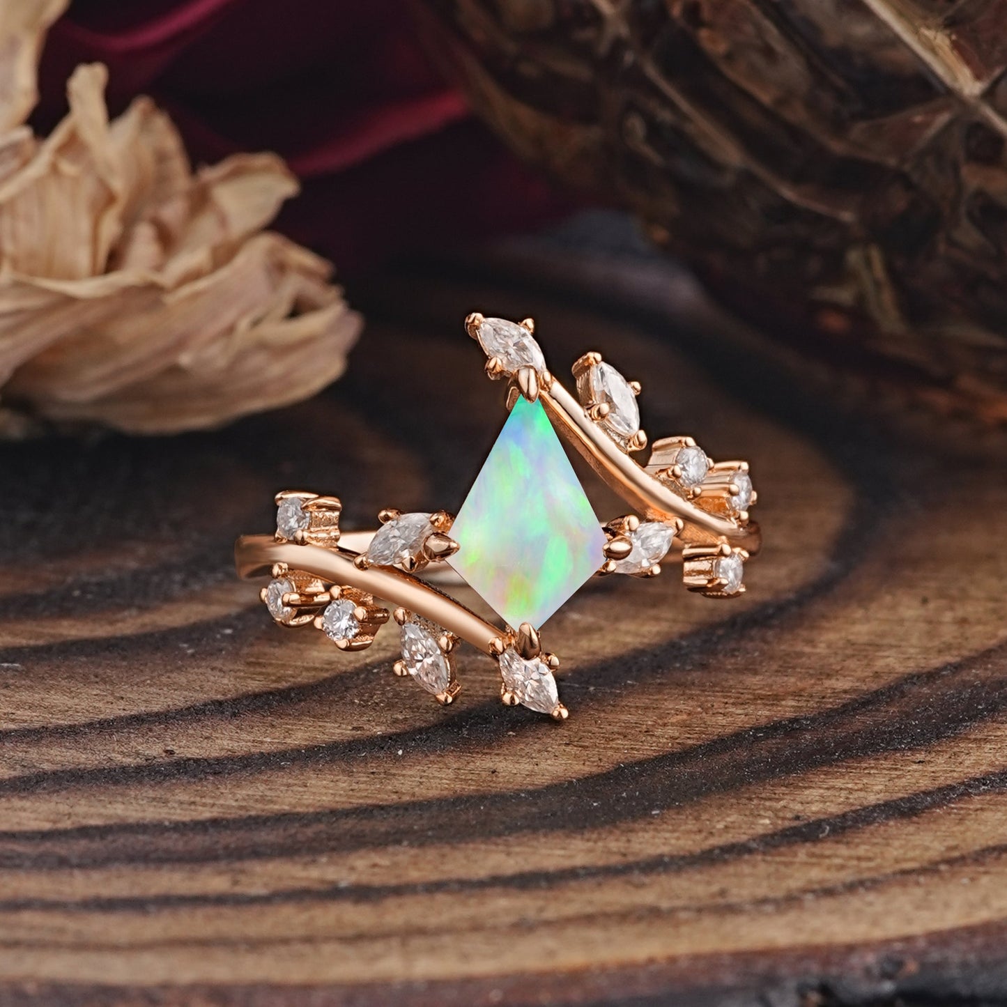 Kite Cut Gold Fire Opal Engagement Ring for Women