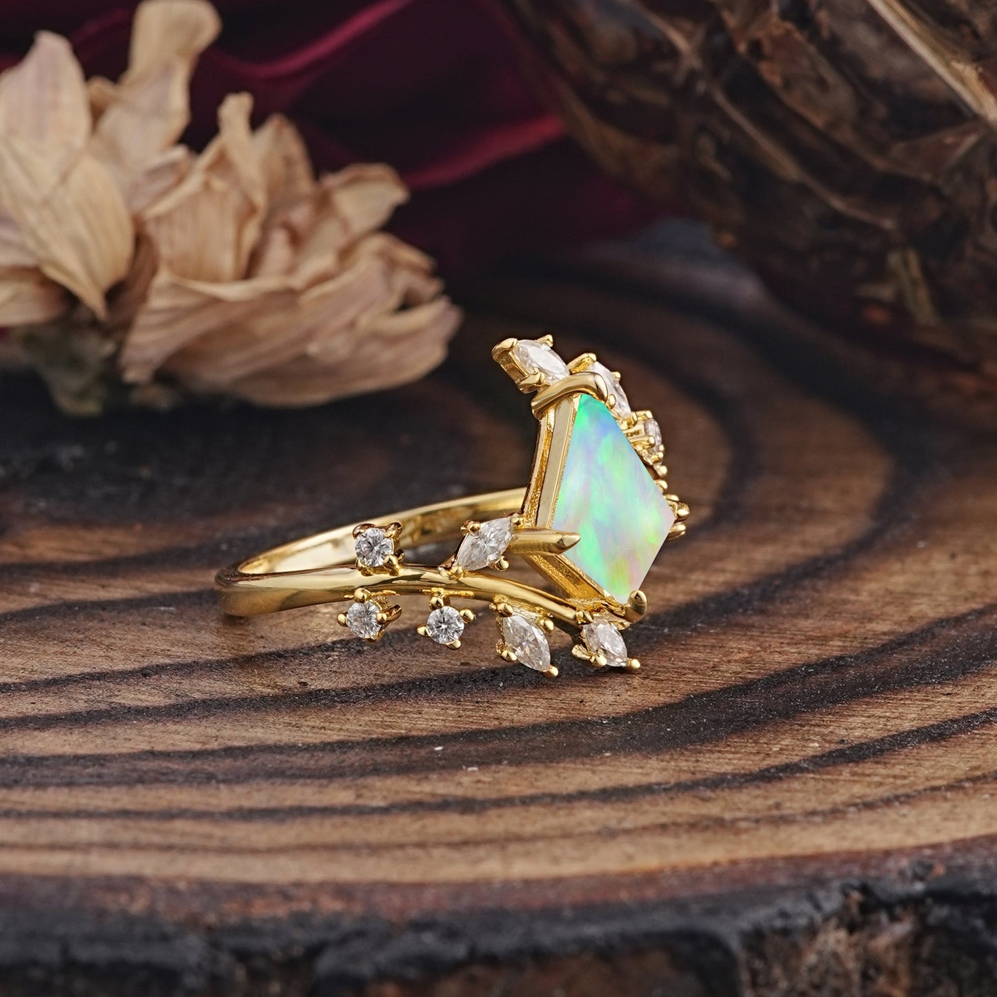 Kite Cut Gold Fire Opal Engagement Ring for Women