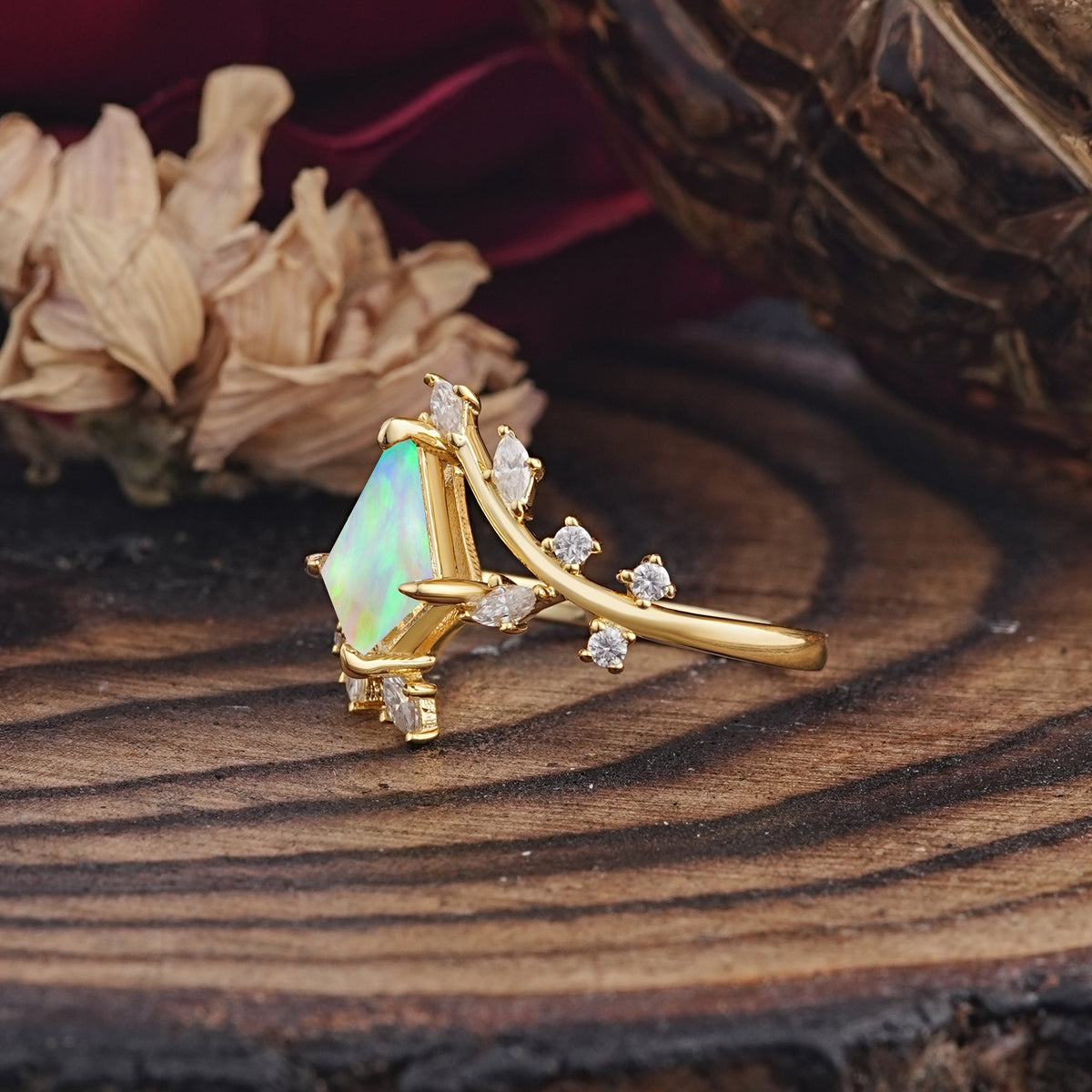 Kite Cut Gold Fire Opal Engagement Ring for Women