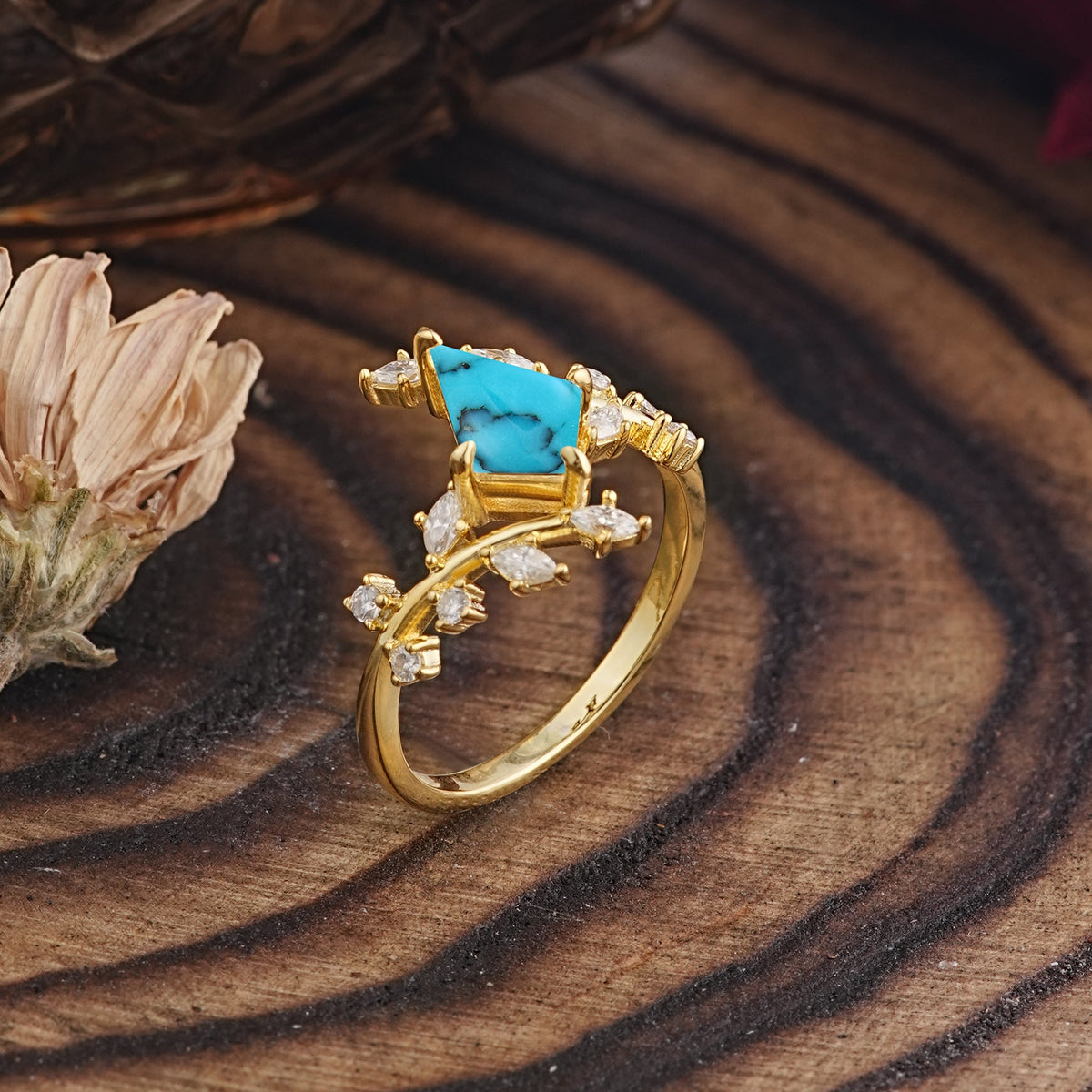 Kite Cut Gold Turquoise Engagement Ring for Women
