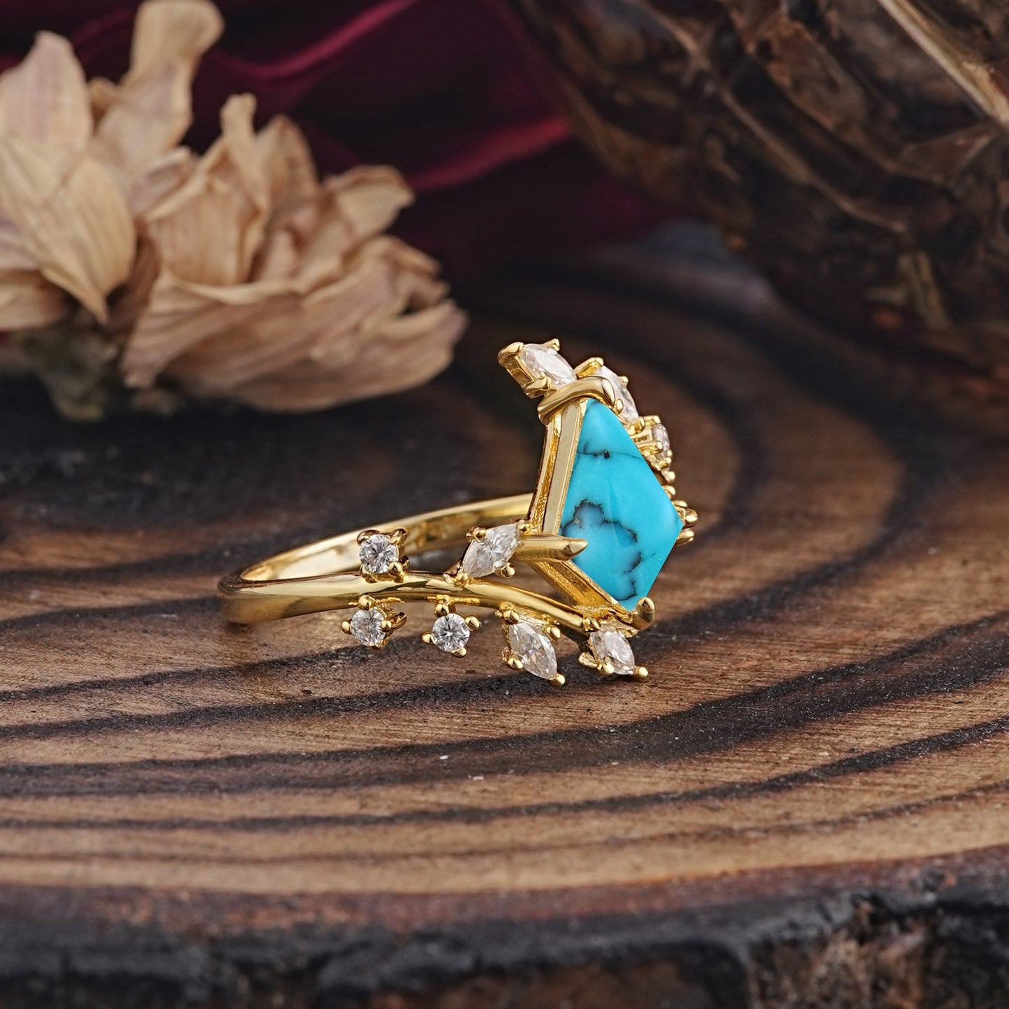 Kite Cut Gold Turquoise Engagement Ring for Women