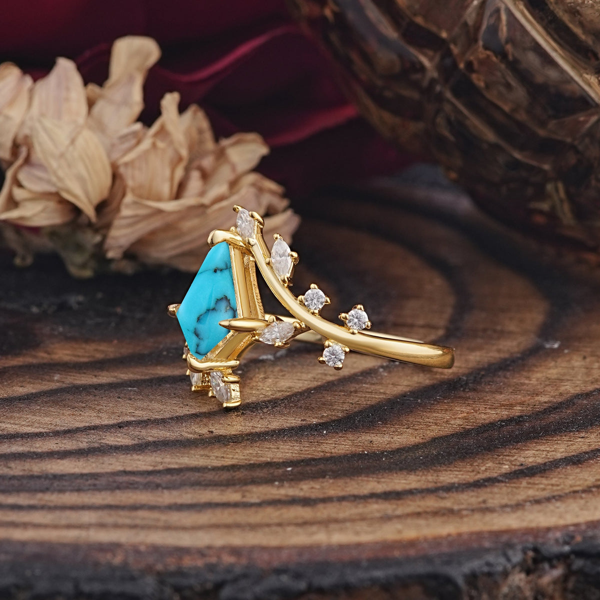 Kite Cut Gold Turquoise Engagement Ring for Women