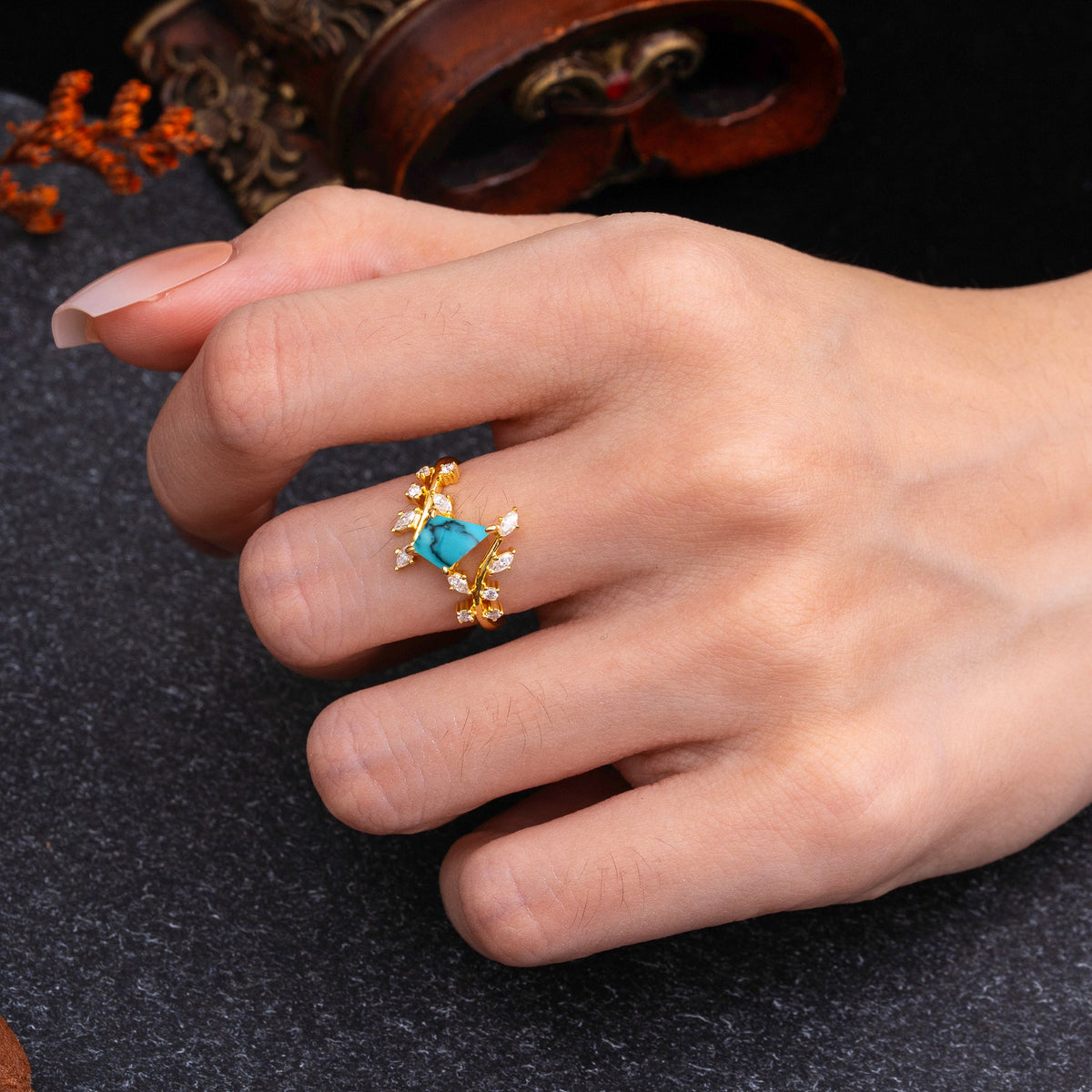 Kite Cut Gold Turquoise Engagement Ring for Women