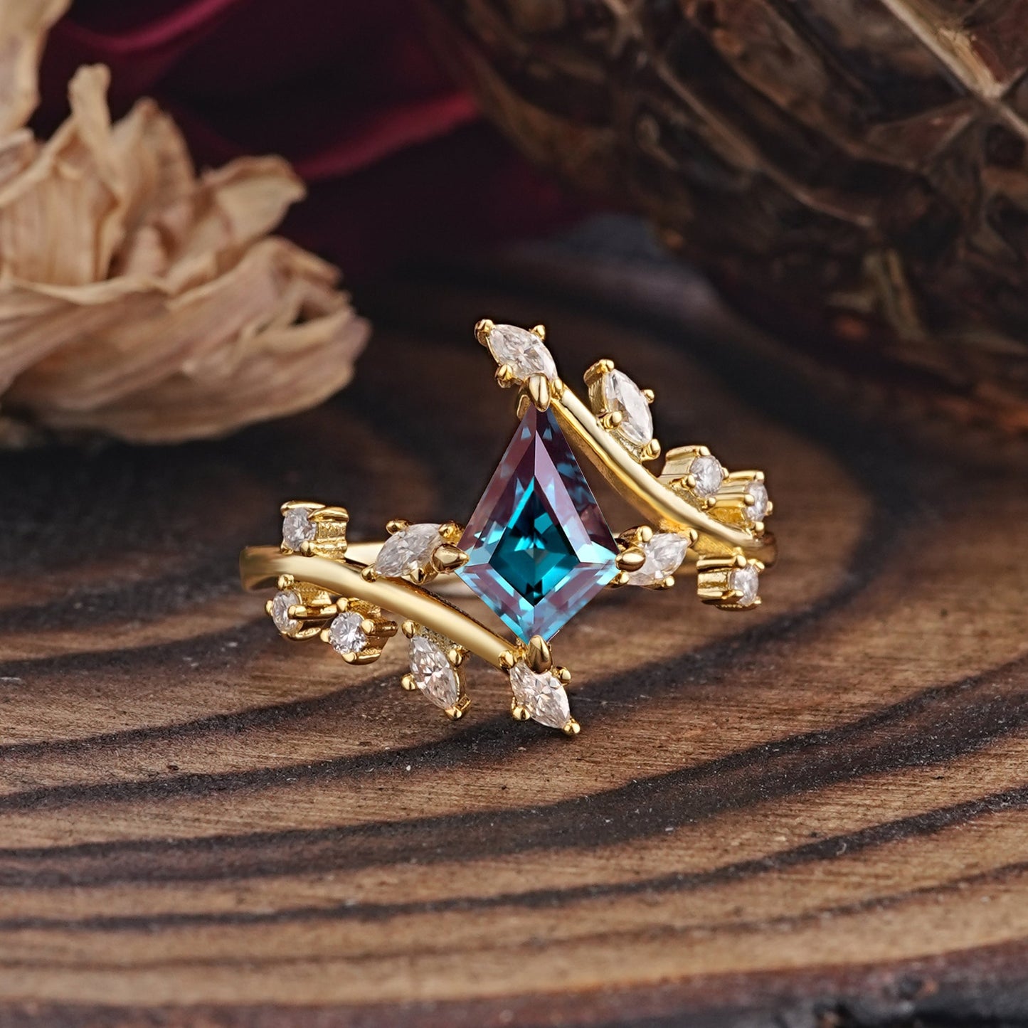 Kite Cut Gold Alexandrite Engagement Ring for Women
