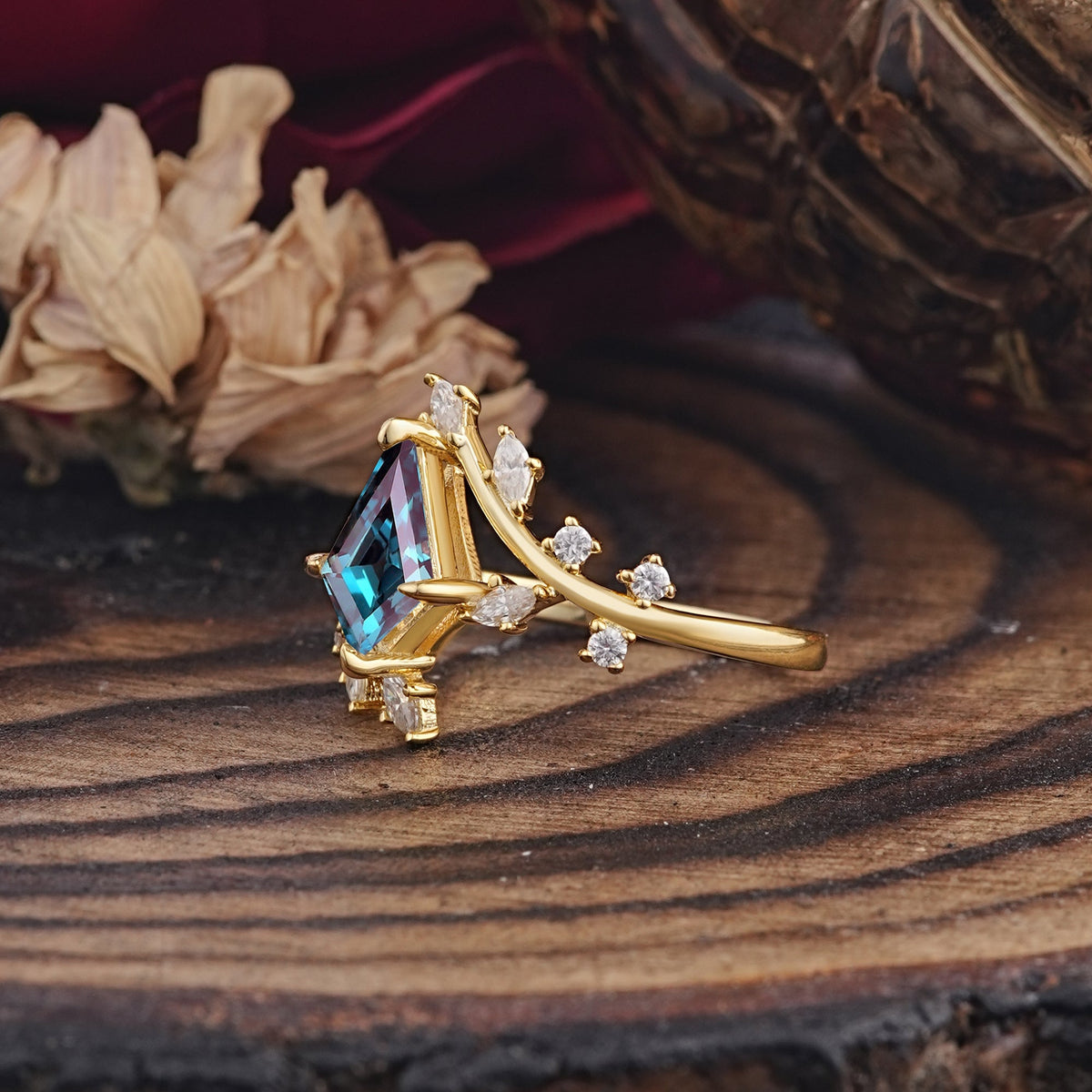 Kite Cut Gold Alexandrite Engagement Ring for Women