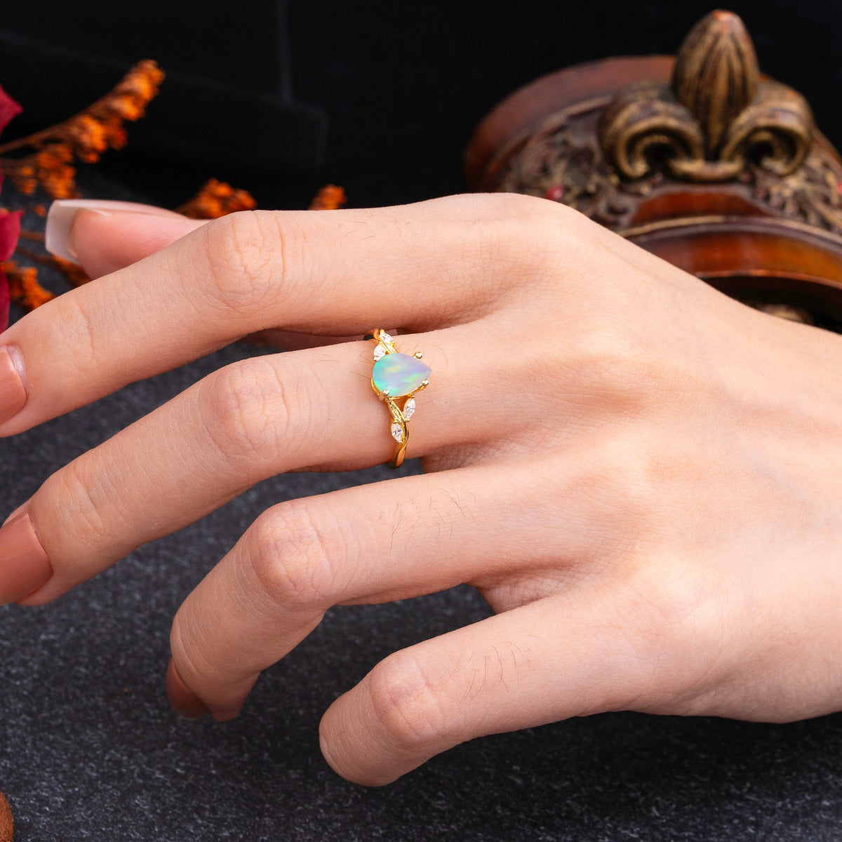 Nature-Inspired Pear-Shaped Classic Opal Engagement Ring