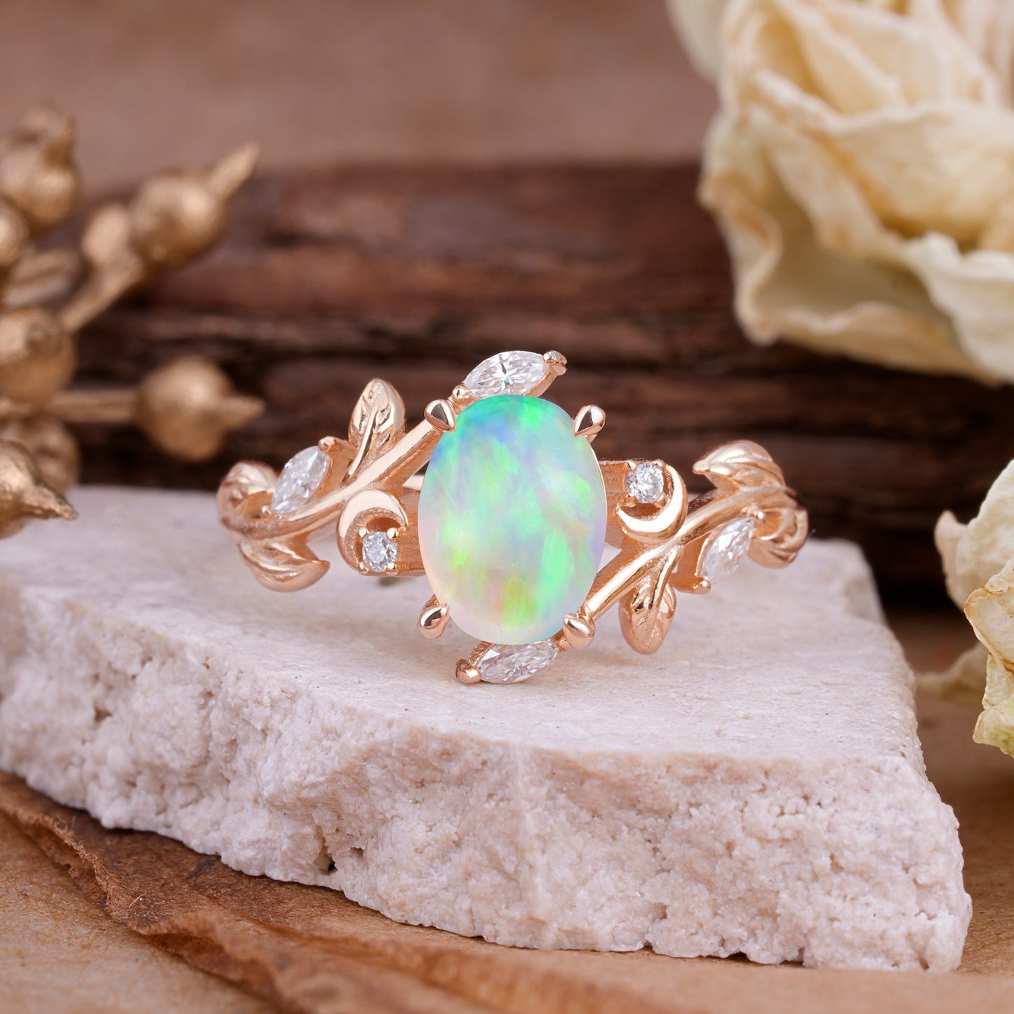 4 Prong Nature Inspired Leafy Vine Pear Cut Opal Engagement Ring