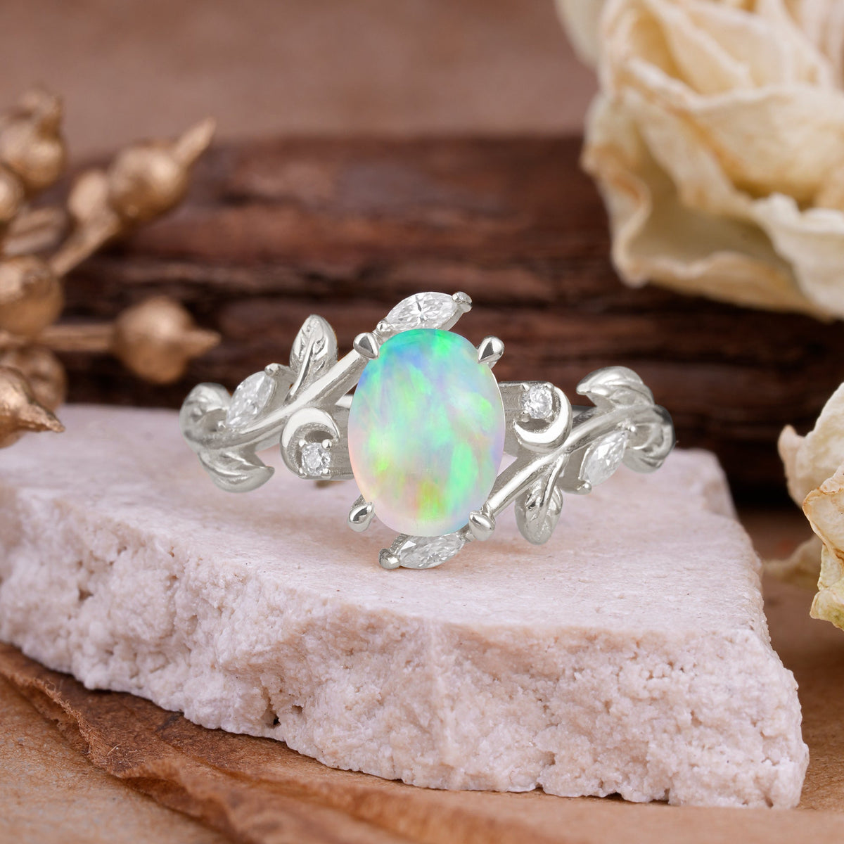 4 Prong Nature Inspired Leafy Vine Pear Cut Opal Engagement Ring