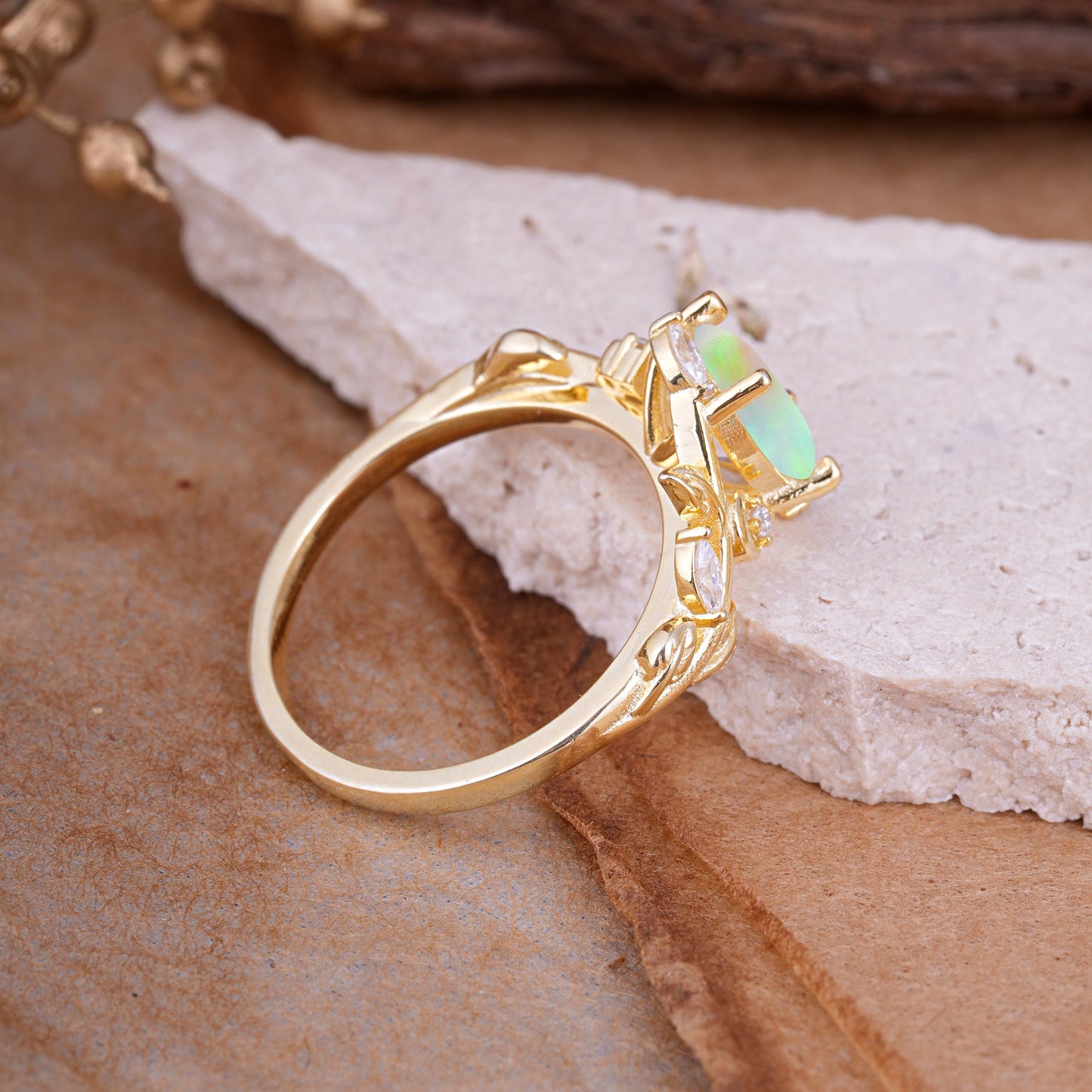 4 Prong Nature Inspired Leafy Vine Pear Cut Opal Engagement Ring