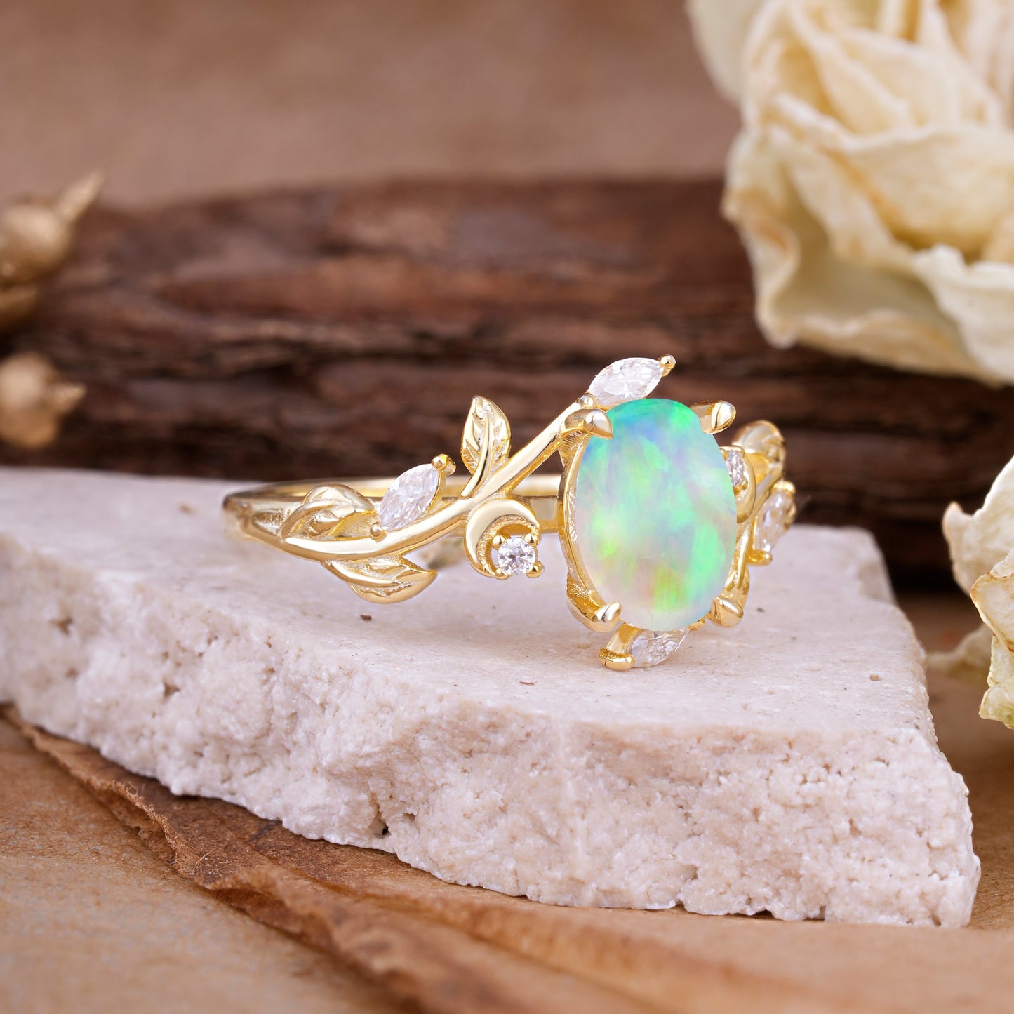 4 Prong Nature Inspired Leafy Vine Pear Cut Opal Engagement Ring