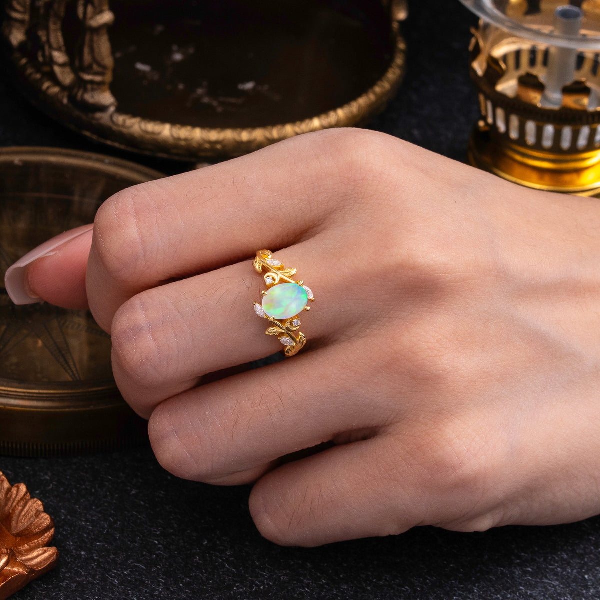 4 Prong Nature Inspired Leafy Vine Pear Cut Opal Engagement Ring