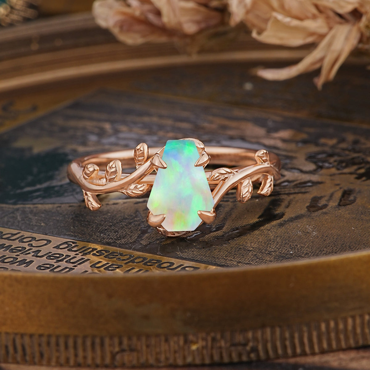 Elegant Coffin Cut 4 Prong Leaf Vine Fire Opal Engagement Ring