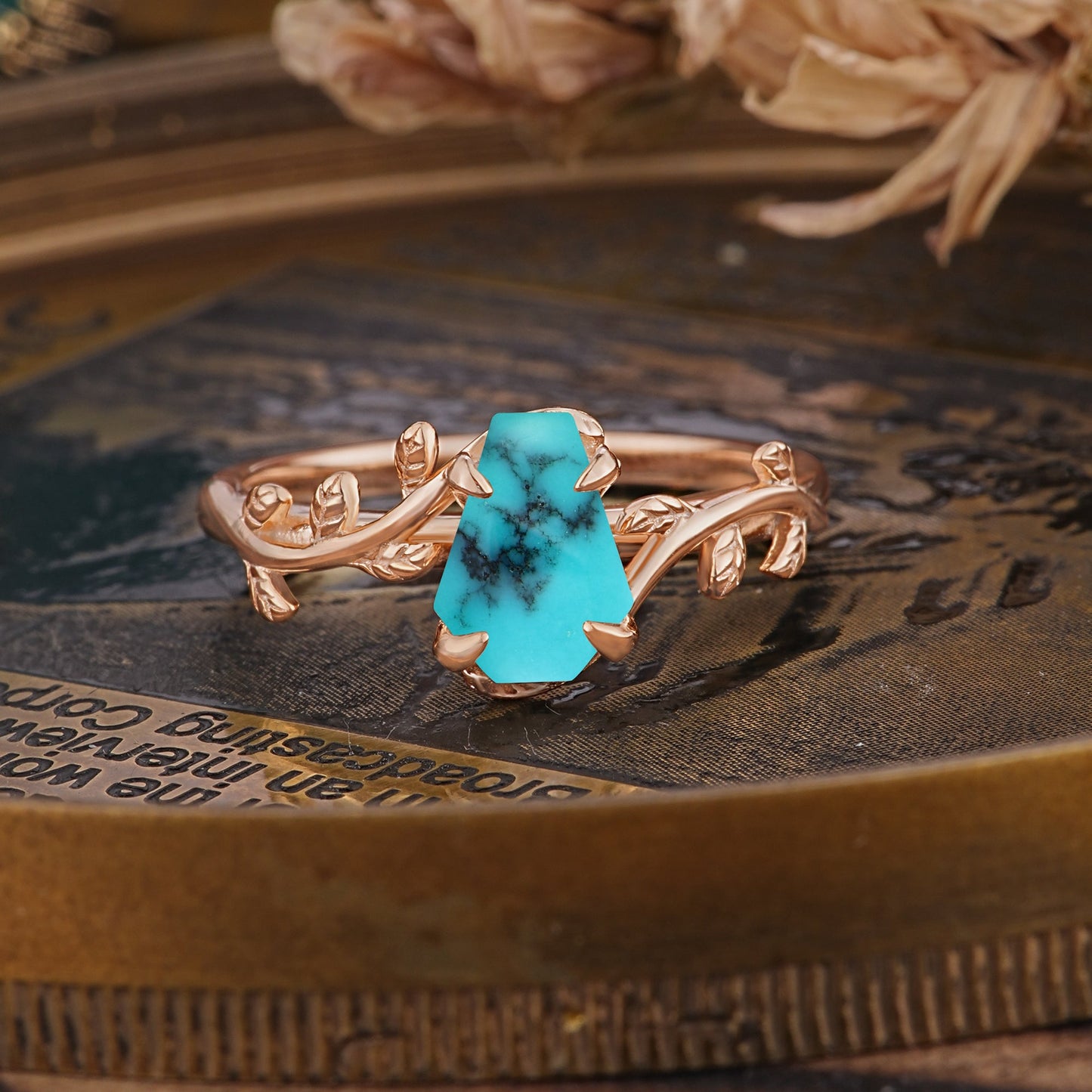 Elegant Coffin Cut 4 Prong Leaf Vine Turquoise Engagement Ring