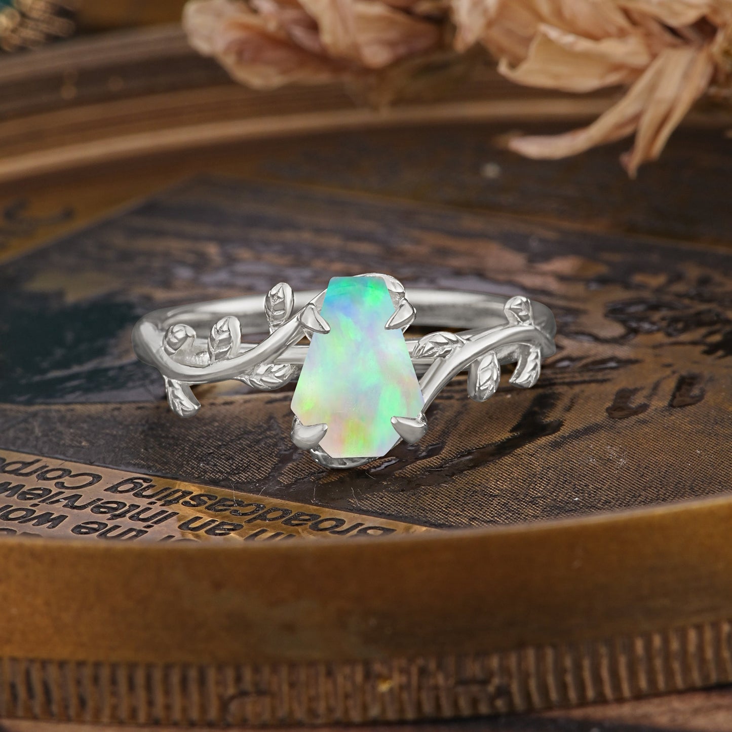 Elegant Coffin Cut 4 Prong Leaf Vine Fire Opal Engagement Ring