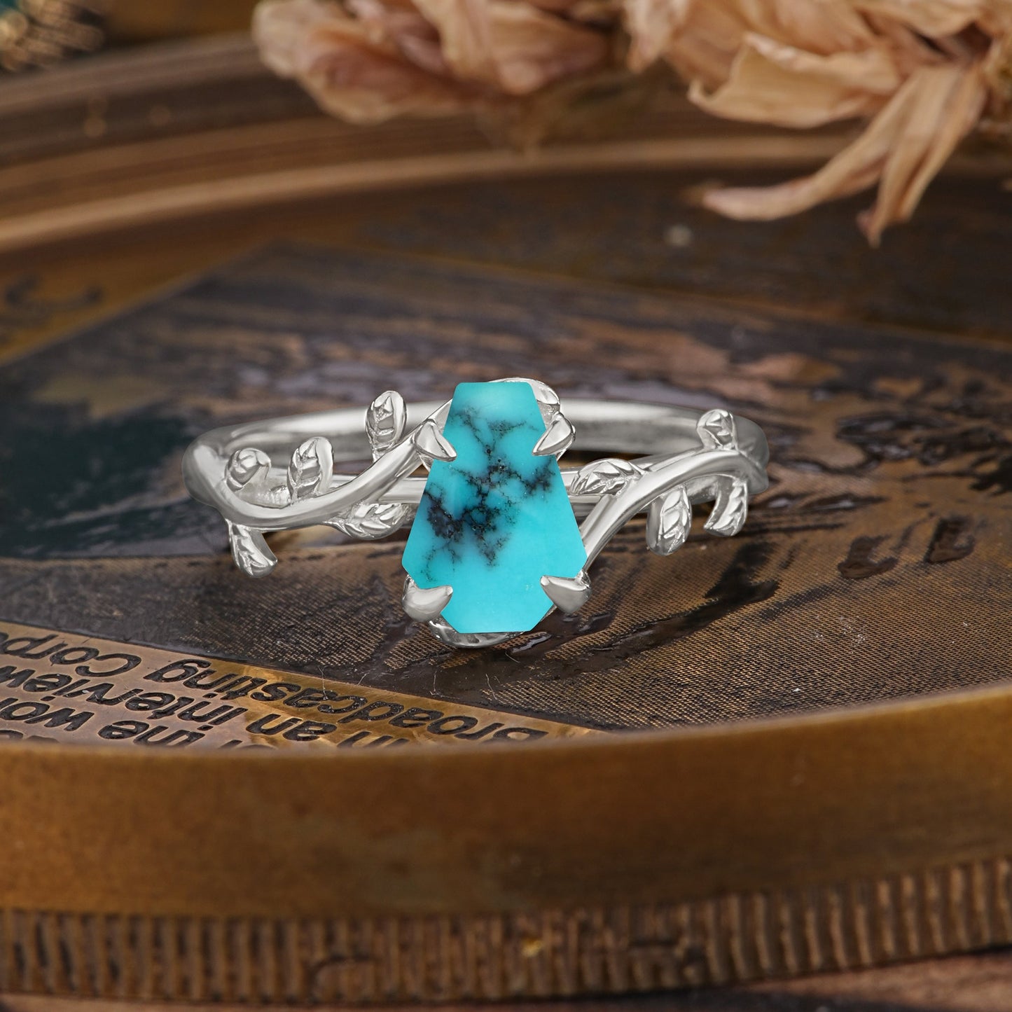 Elegant Coffin Cut 4 Prong Leaf Vine Turquoise Engagement Ring