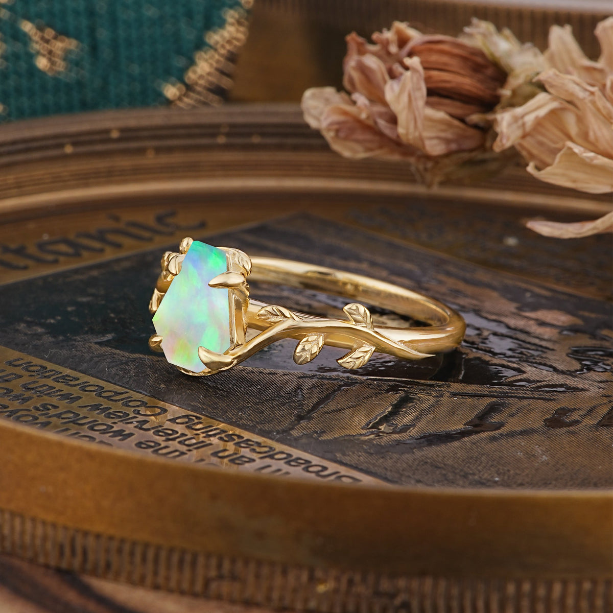 Elegant Coffin Cut 4 Prong Leaf Vine Fire Opal Engagement Ring