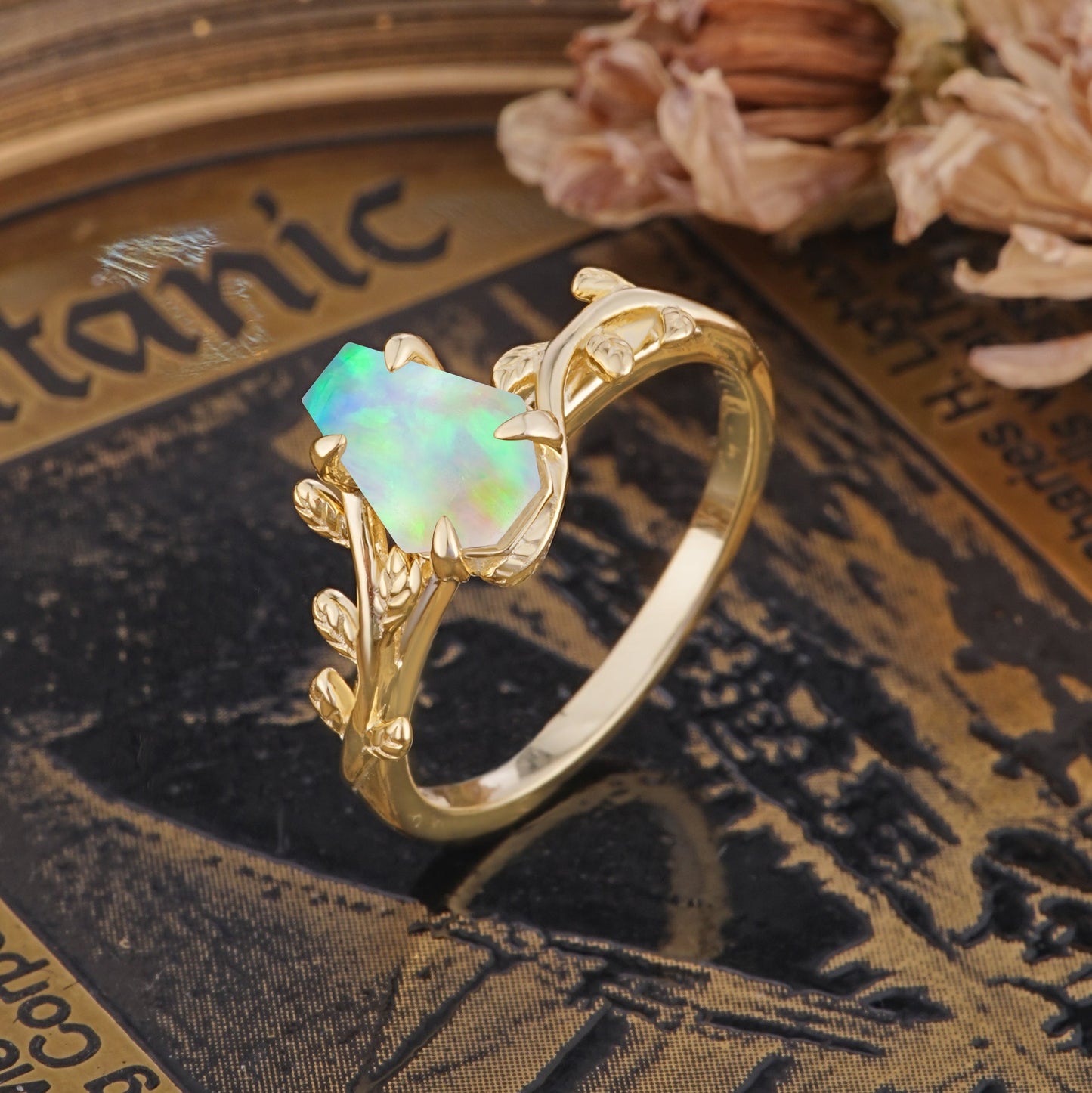 Elegant Coffin Cut 4 Prong Leaf Vine Fire Opal Engagement Ring