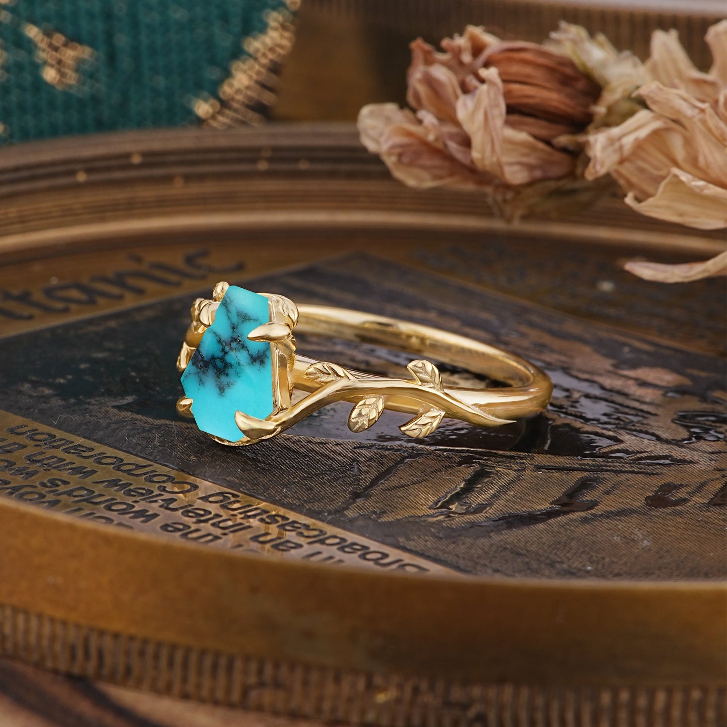 Elegant Coffin Cut 4 Prong Leaf Vine Turquoise Engagement Ring