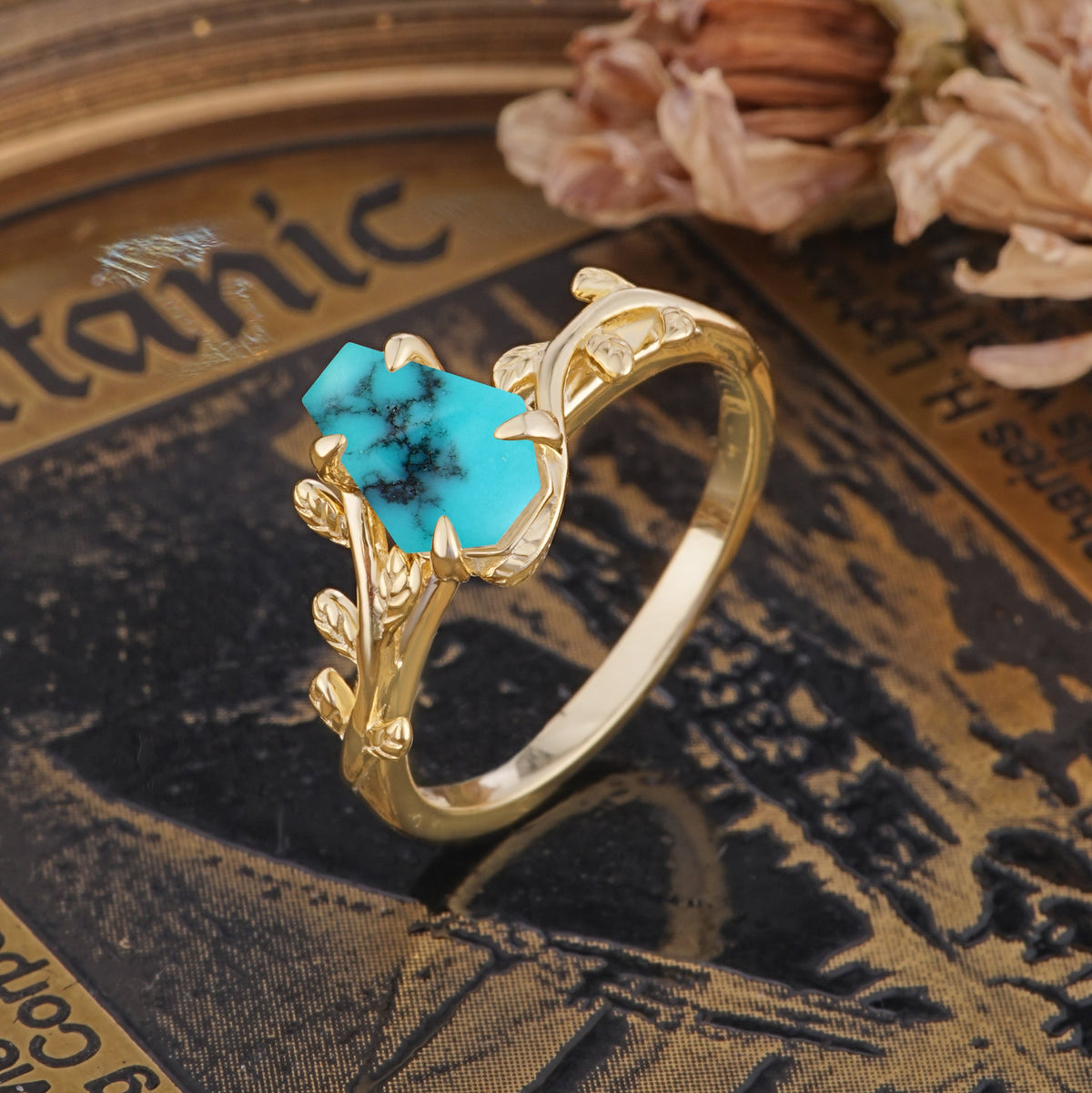 Elegant Coffin Cut 4 Prong Leaf Vine Turquoise Engagement Ring