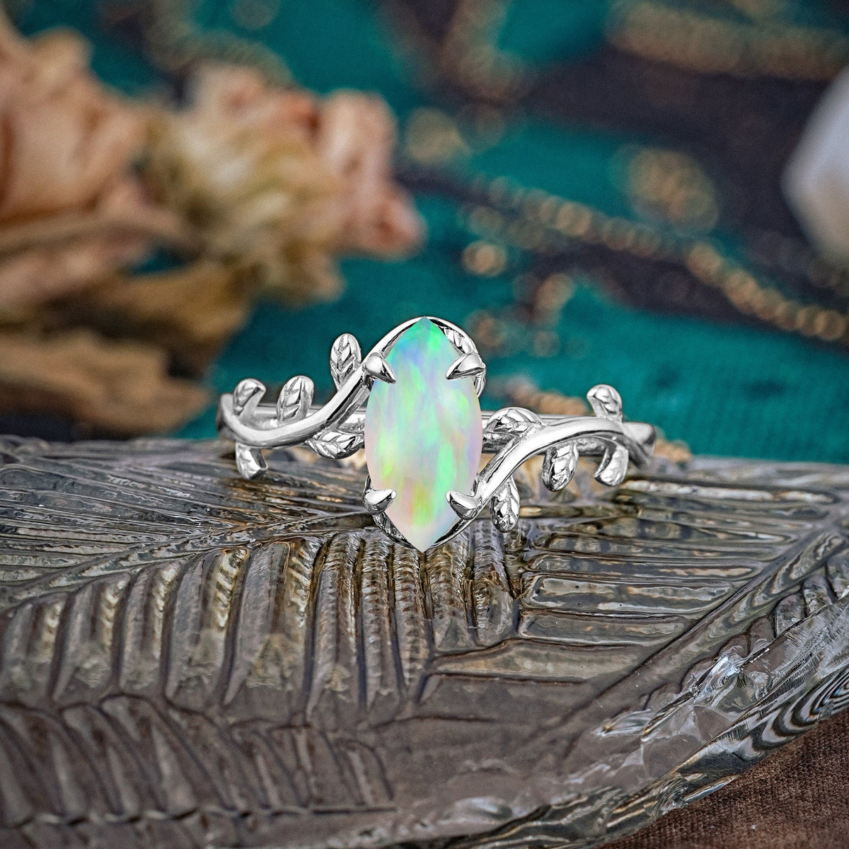 Nature-Inspired Leafy Branch 4-Prong Marquise Opal Engagement Ring