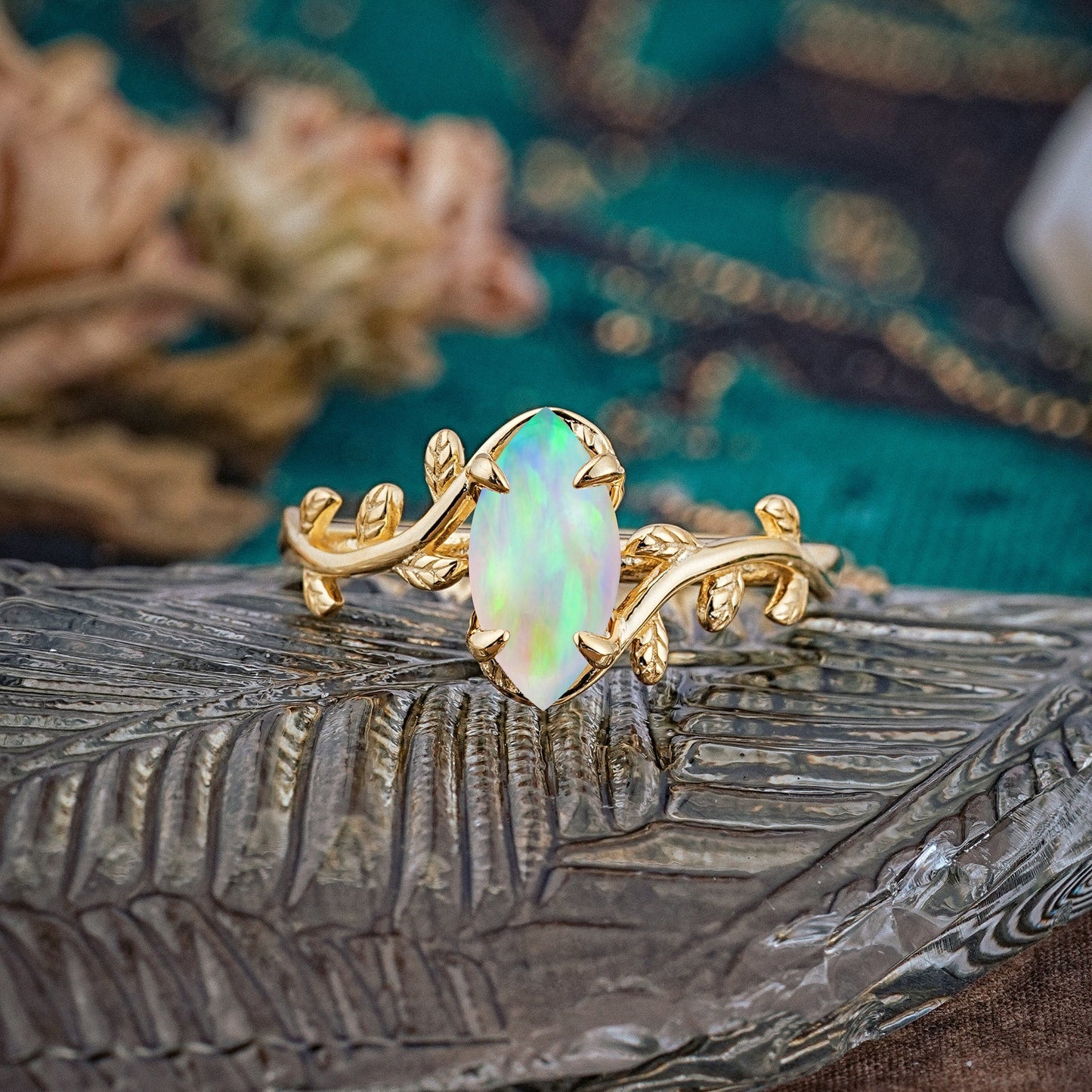 Nature-Inspired Leafy Branch 4-Prong Marquise Opal Engagement Ring