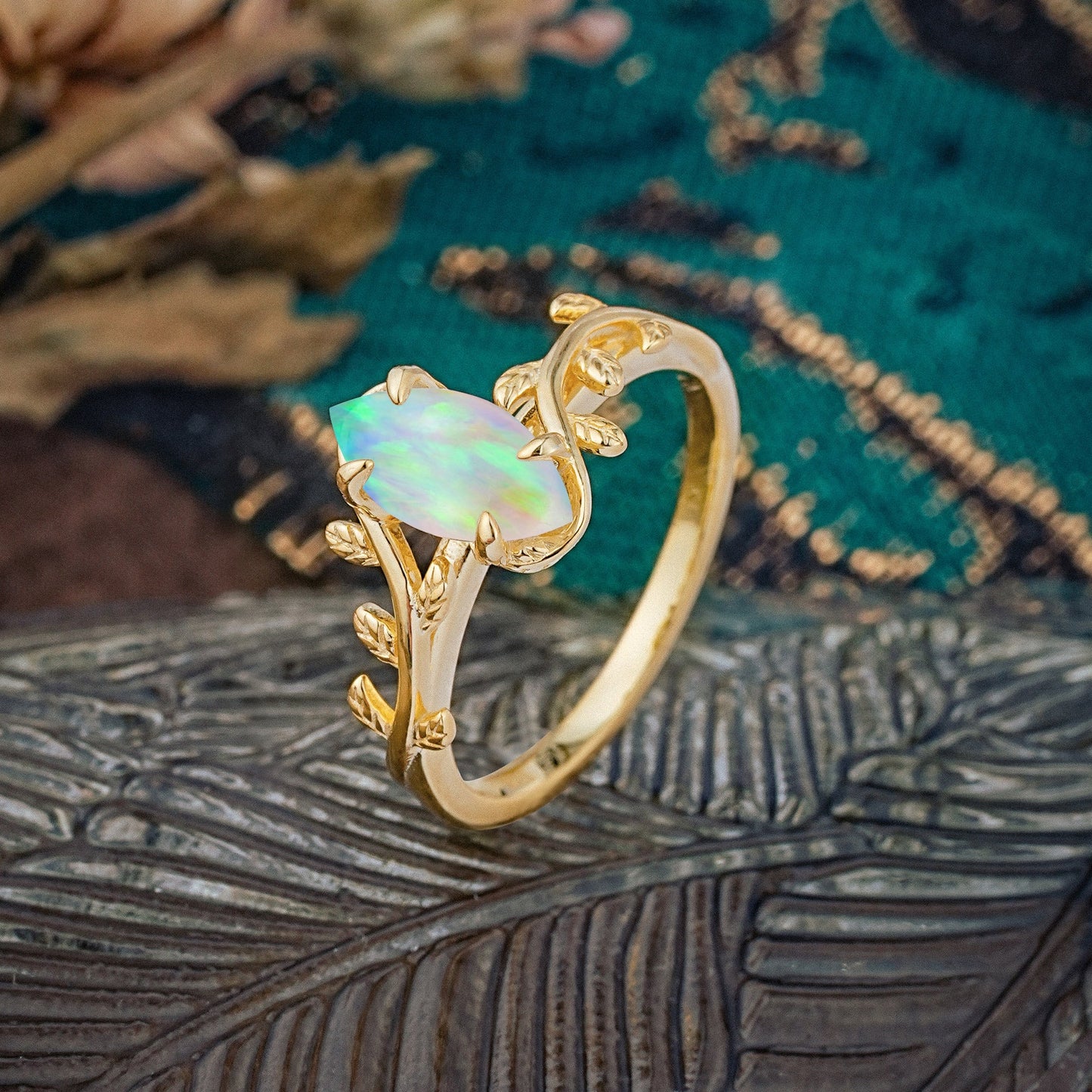 Nature-Inspired Leafy Branch 4-Prong Marquise Opal Engagement Ring
