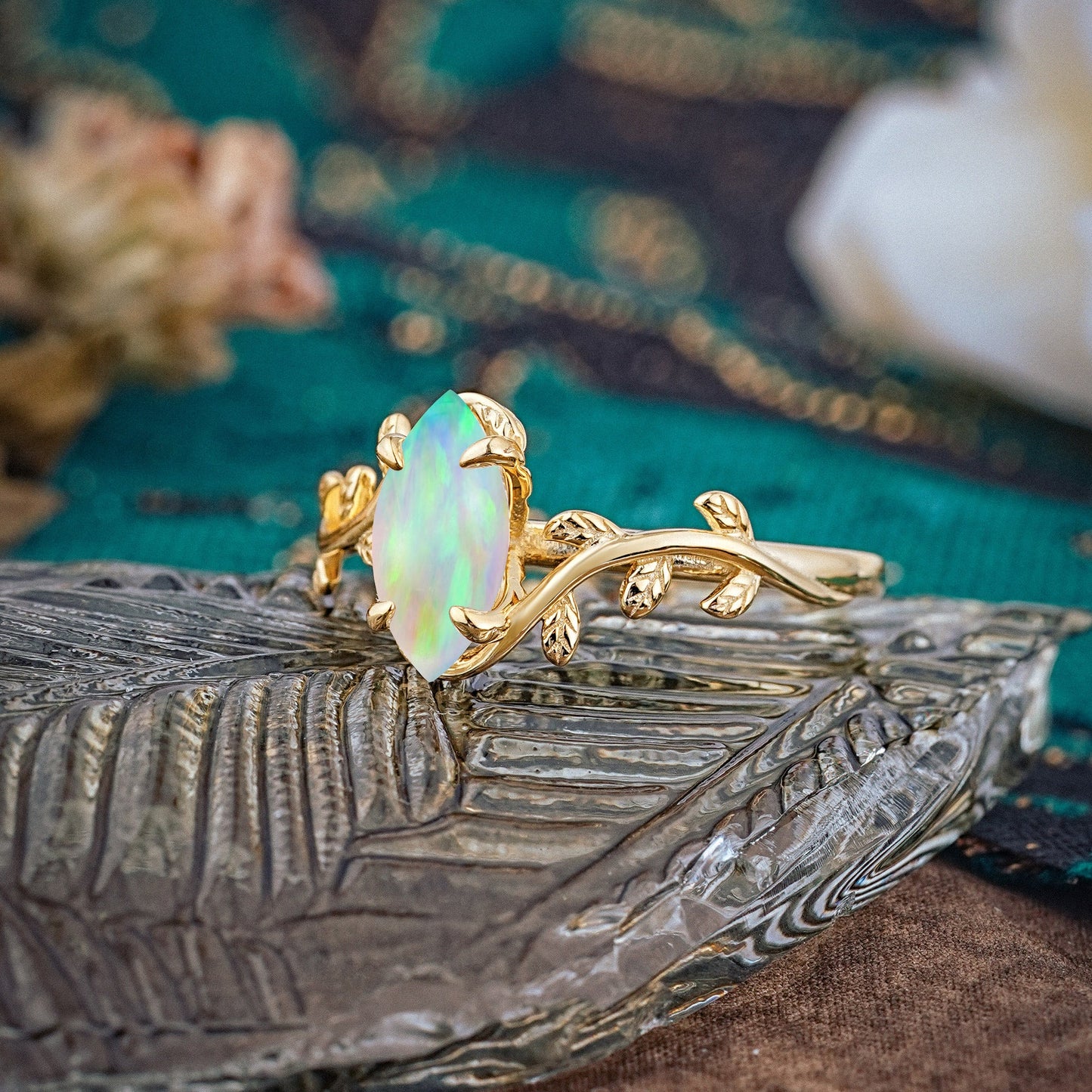 Nature-Inspired Leafy Branch 4-Prong Marquise Opal Engagement Ring