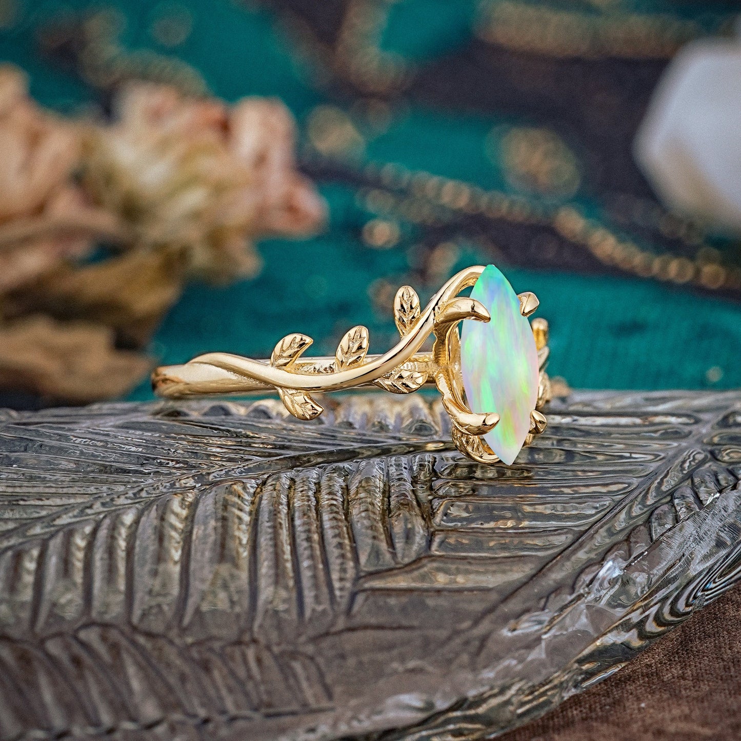 Nature-Inspired Leafy Branch 4-Prong Marquise Opal Engagement Ring