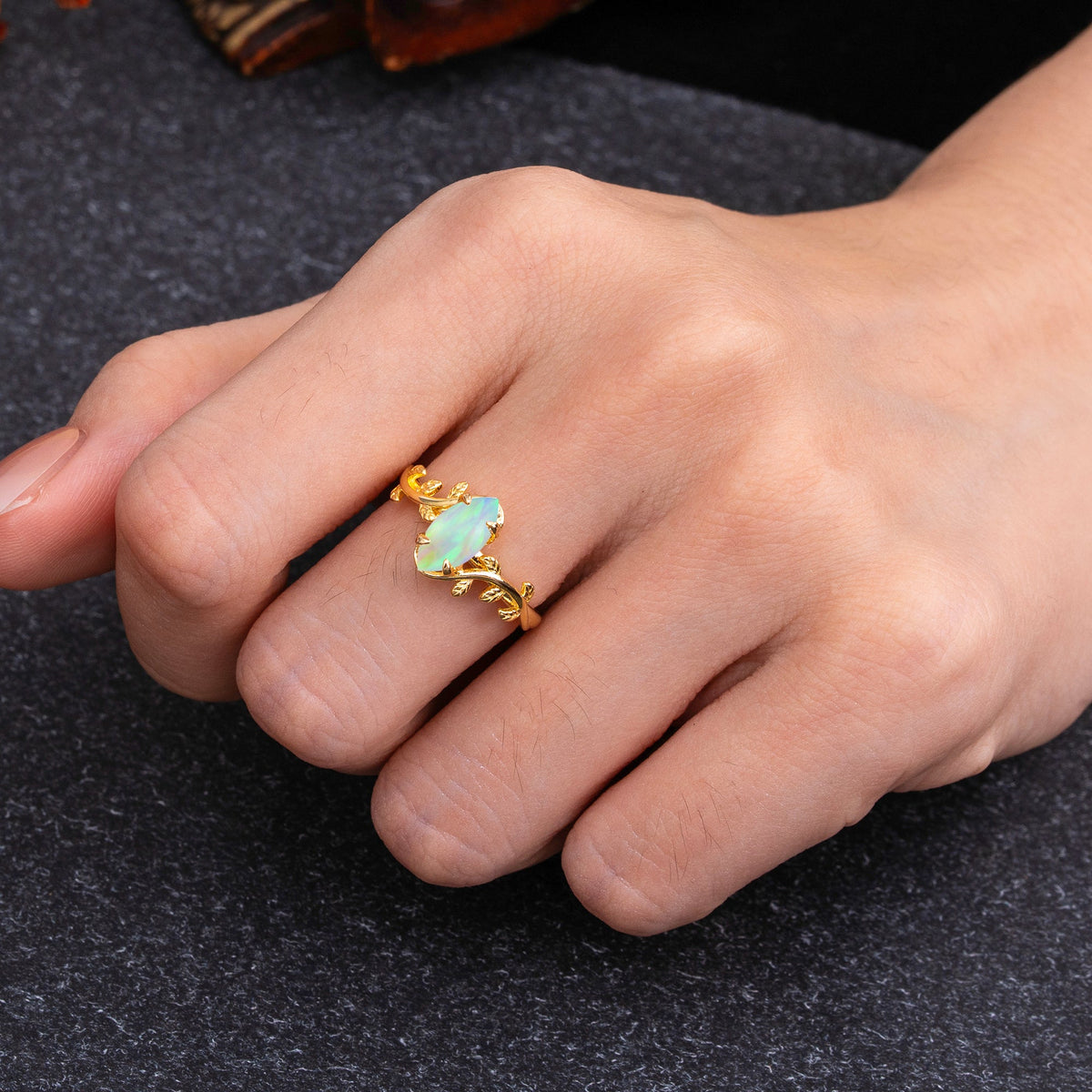 Nature-Inspired Leafy Branch 4-Prong Marquise Opal Engagement Ring