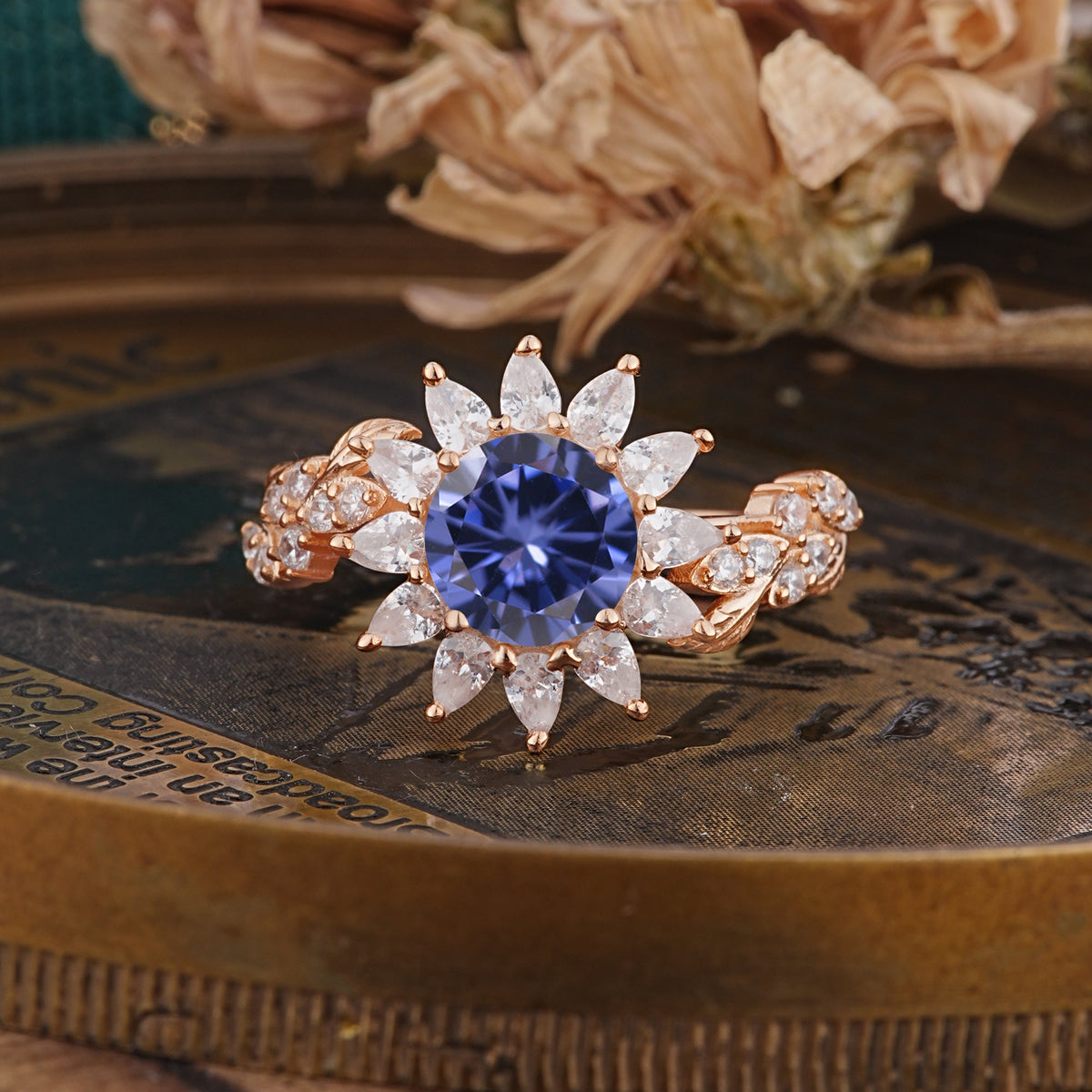 Nature-Inspired Sunflower 4-Prong Round Cut Tanzanite Engagement Ring