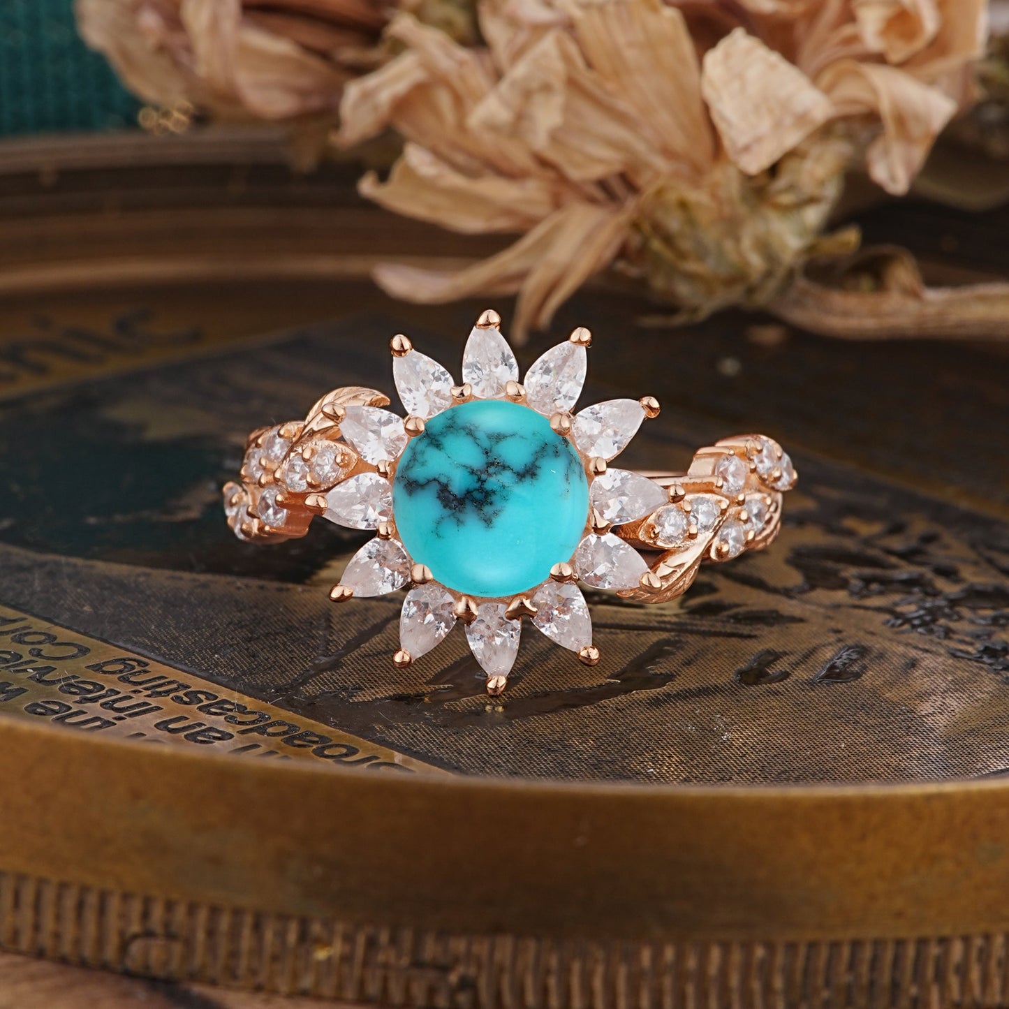 Nature-Inspired Sunflower 4-Prong Round Cut Turquoise Engagement Ring