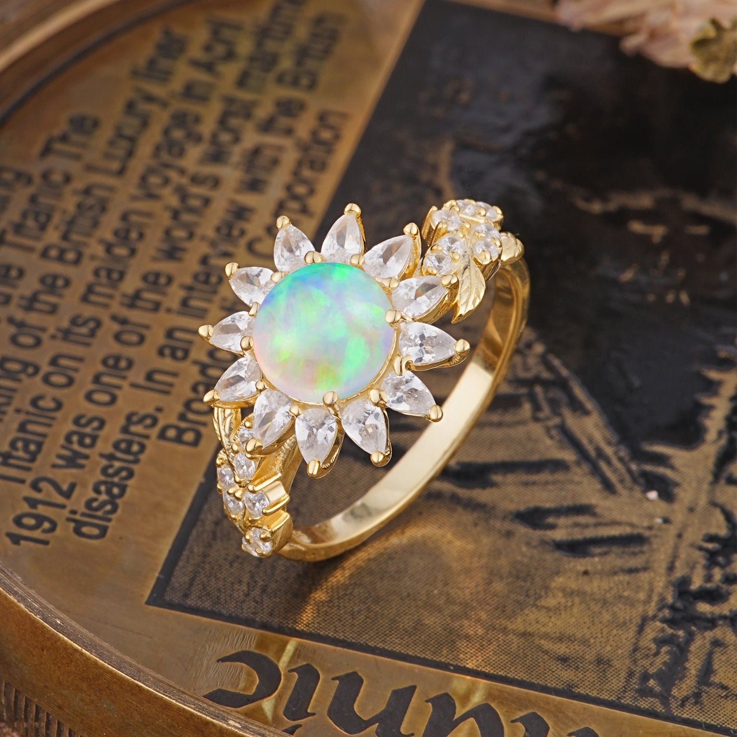 Nature-Inspired Sunflower 4-Prong Round Cut Fire Opal Engagement Ring