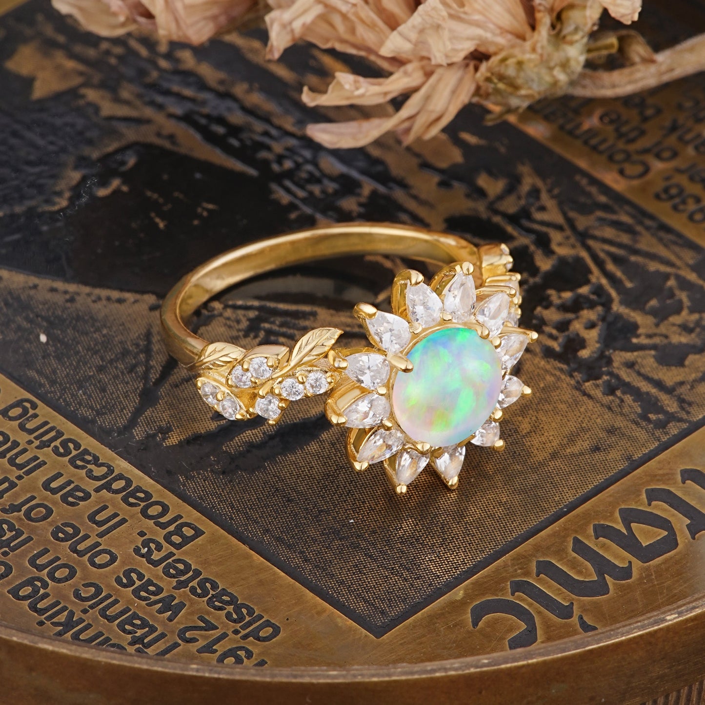 Nature-Inspired Sunflower 4-Prong Round Cut Fire Opal Engagement Ring