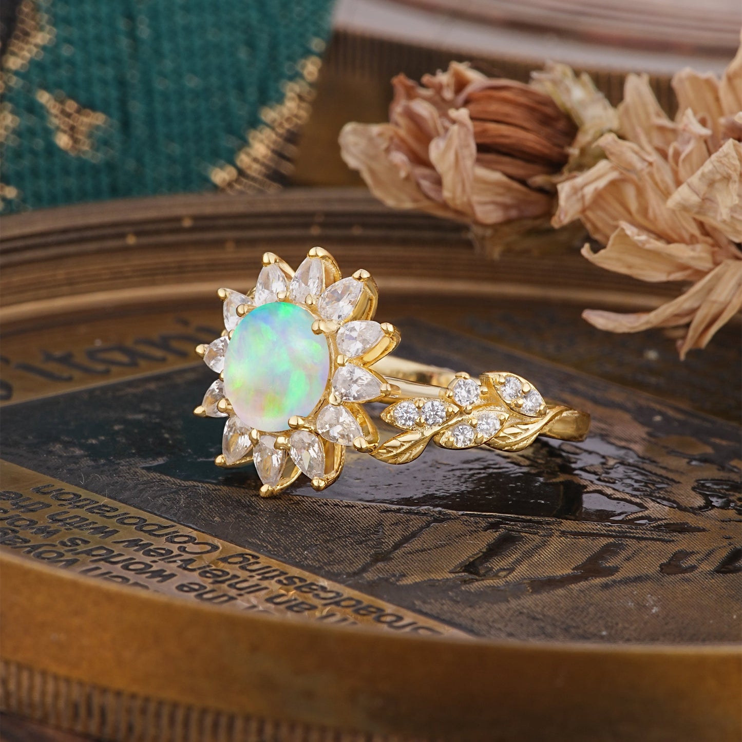 Nature-Inspired Sunflower 4-Prong Round Cut Fire Opal Engagement Ring