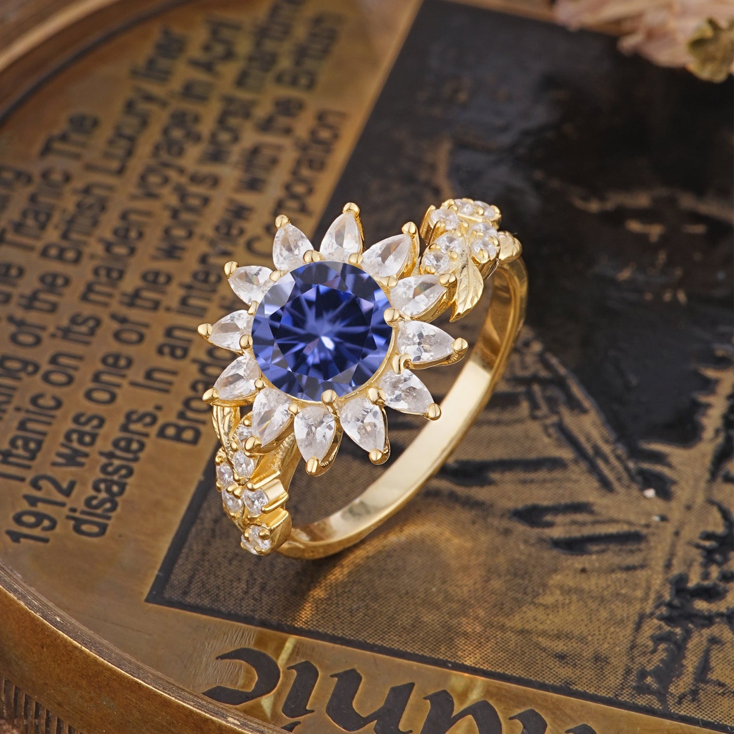 Nature-Inspired Sunflower 4-Prong Round Cut Tanzanite Engagement Ring