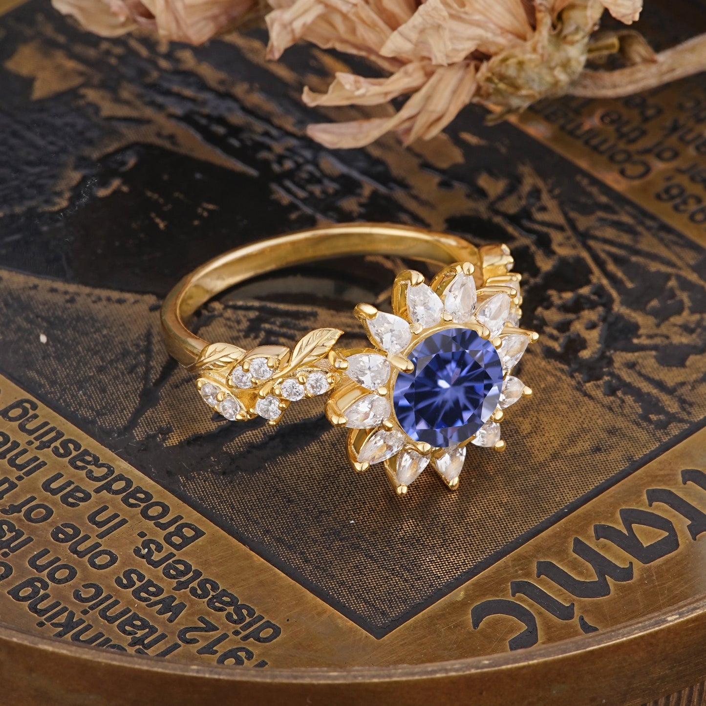 Nature-Inspired Sunflower 4-Prong Round Cut Tanzanite Engagement Ring