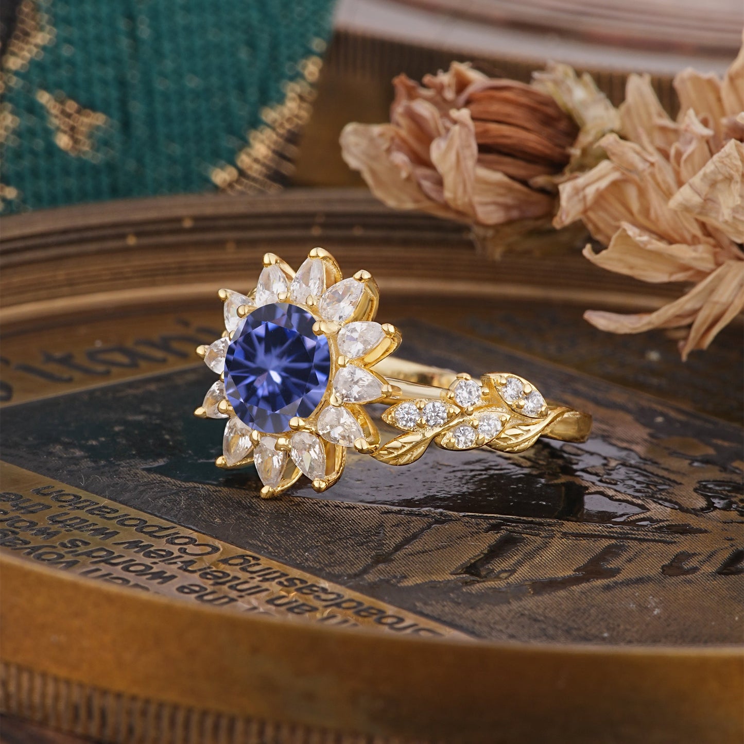 Nature-Inspired Sunflower 4-Prong Round Cut Tanzanite Engagement Ring