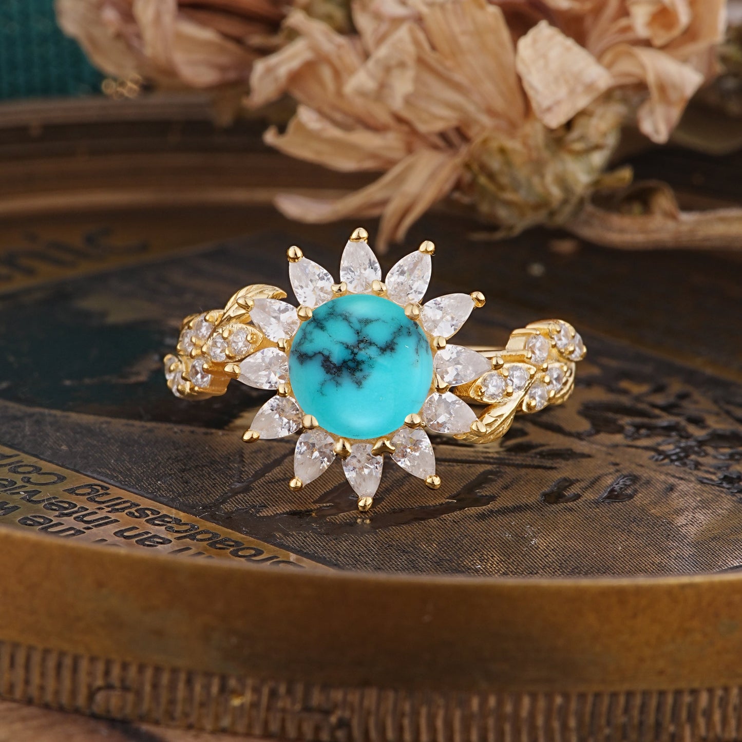 Nature-Inspired Sunflower 4-Prong Round Cut Turquoise Engagement Ring