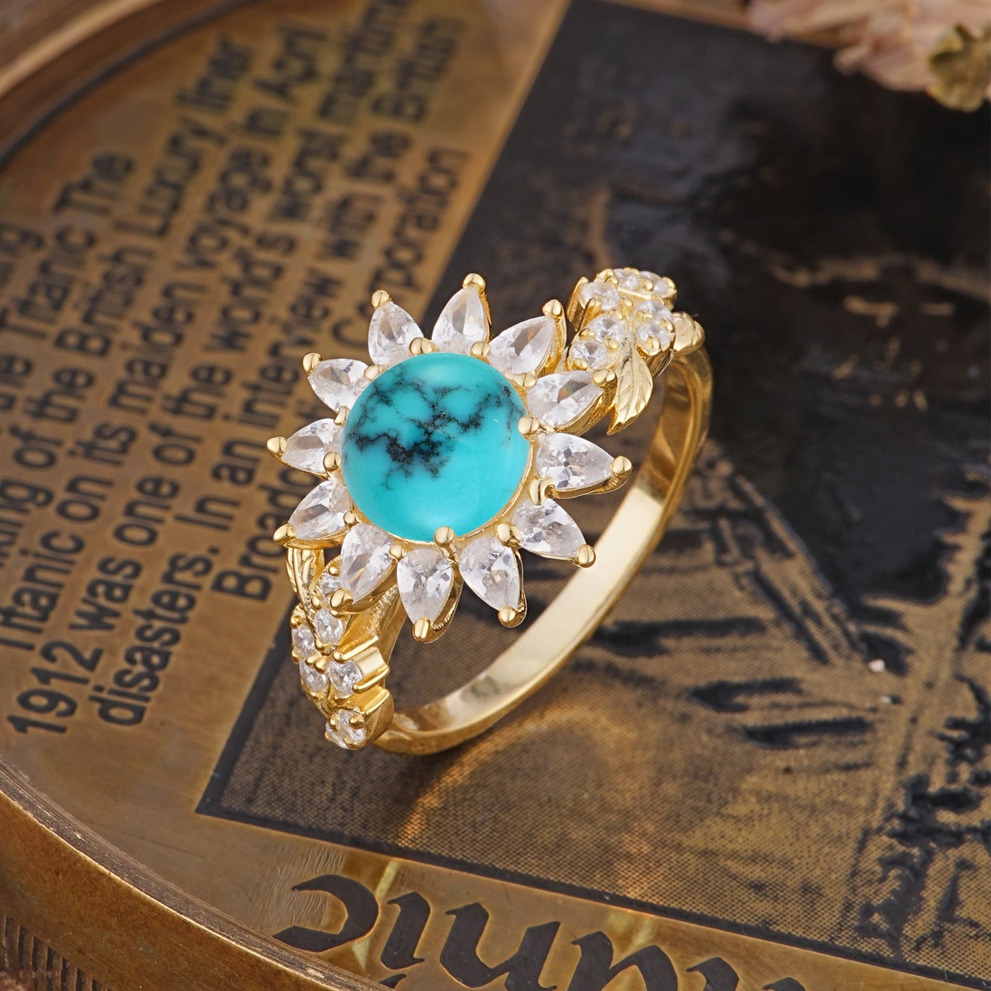 Nature-Inspired Sunflower 4-Prong Round Cut Turquoise Engagement Ring