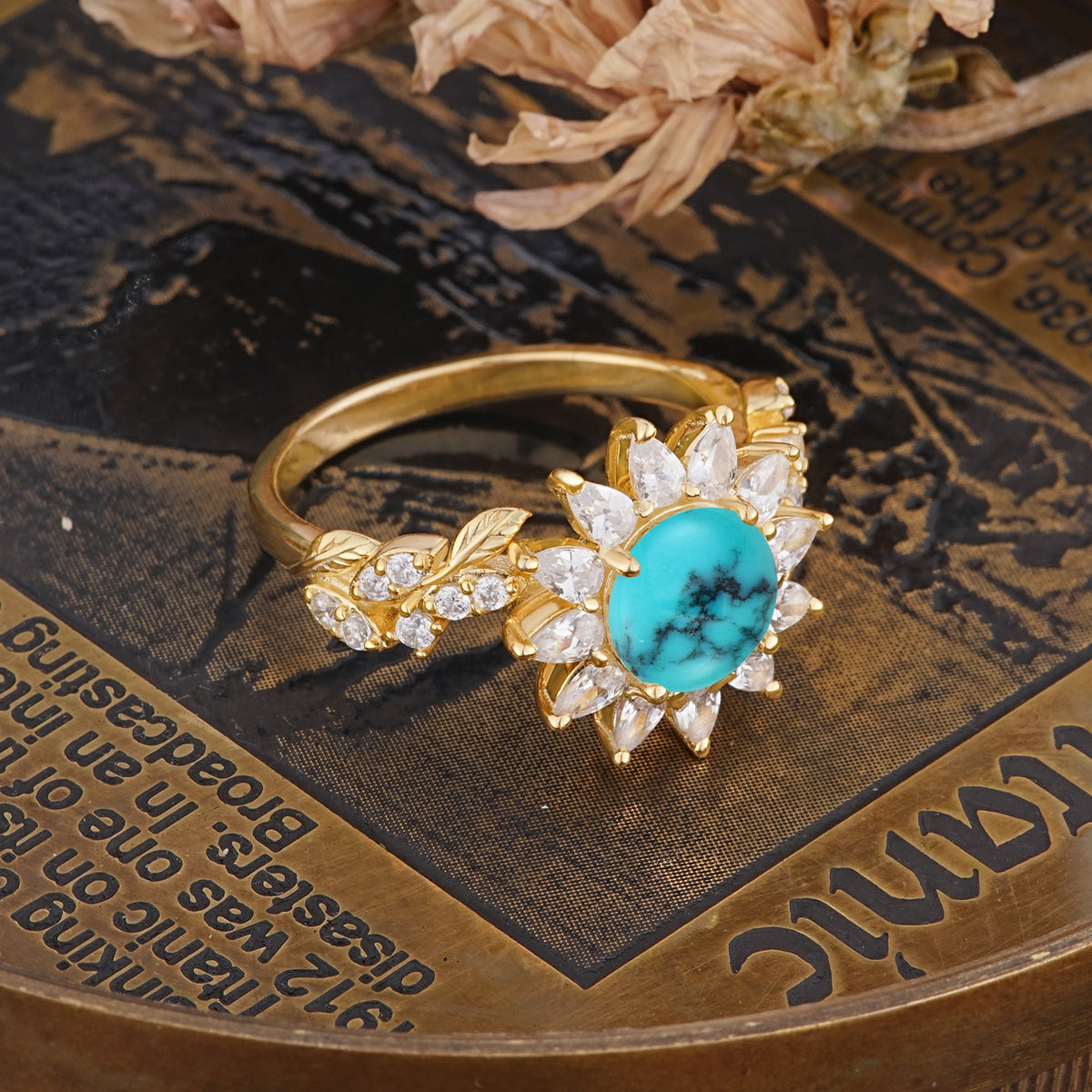 Nature-Inspired Sunflower 4-Prong Round Cut Turquoise Engagement Ring