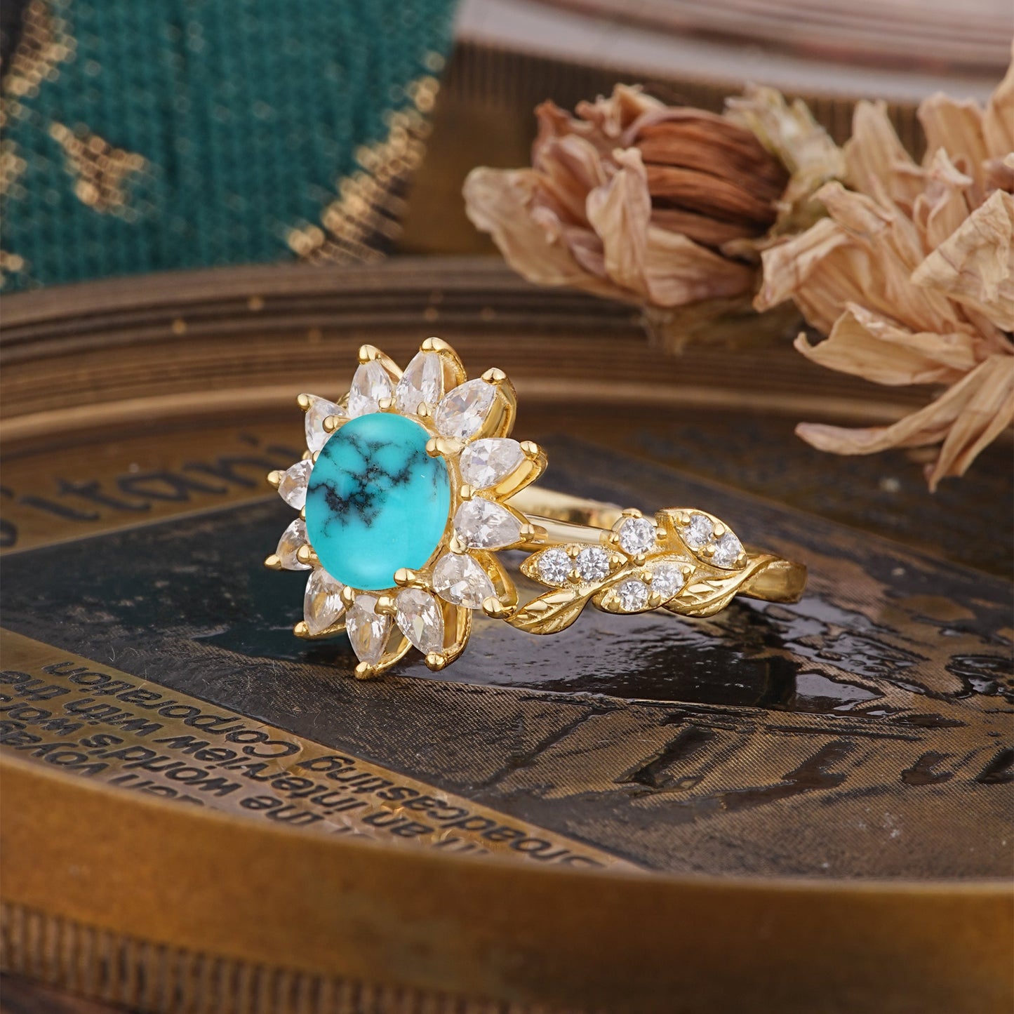 Nature-Inspired Sunflower 4-Prong Round Cut Turquoise Engagement Ring